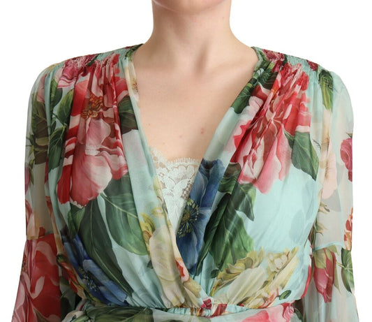 A woman's floral print midi dress with a wrap style and silk fabric