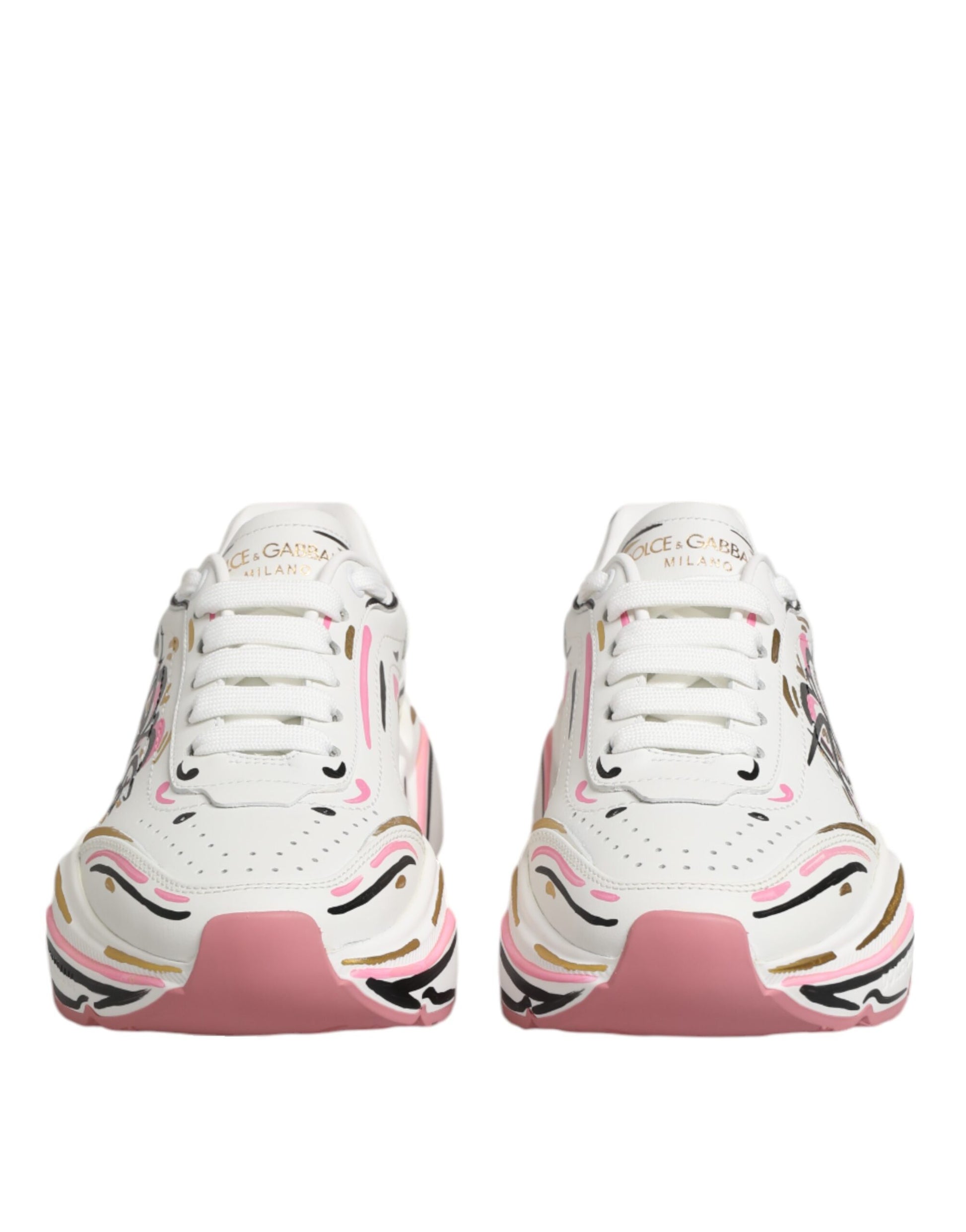 Pair of multicolored hand-painted sneakers with pink and gold accents