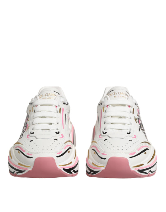 Pair of multicolored hand-painted sneakers with pink and gold accents