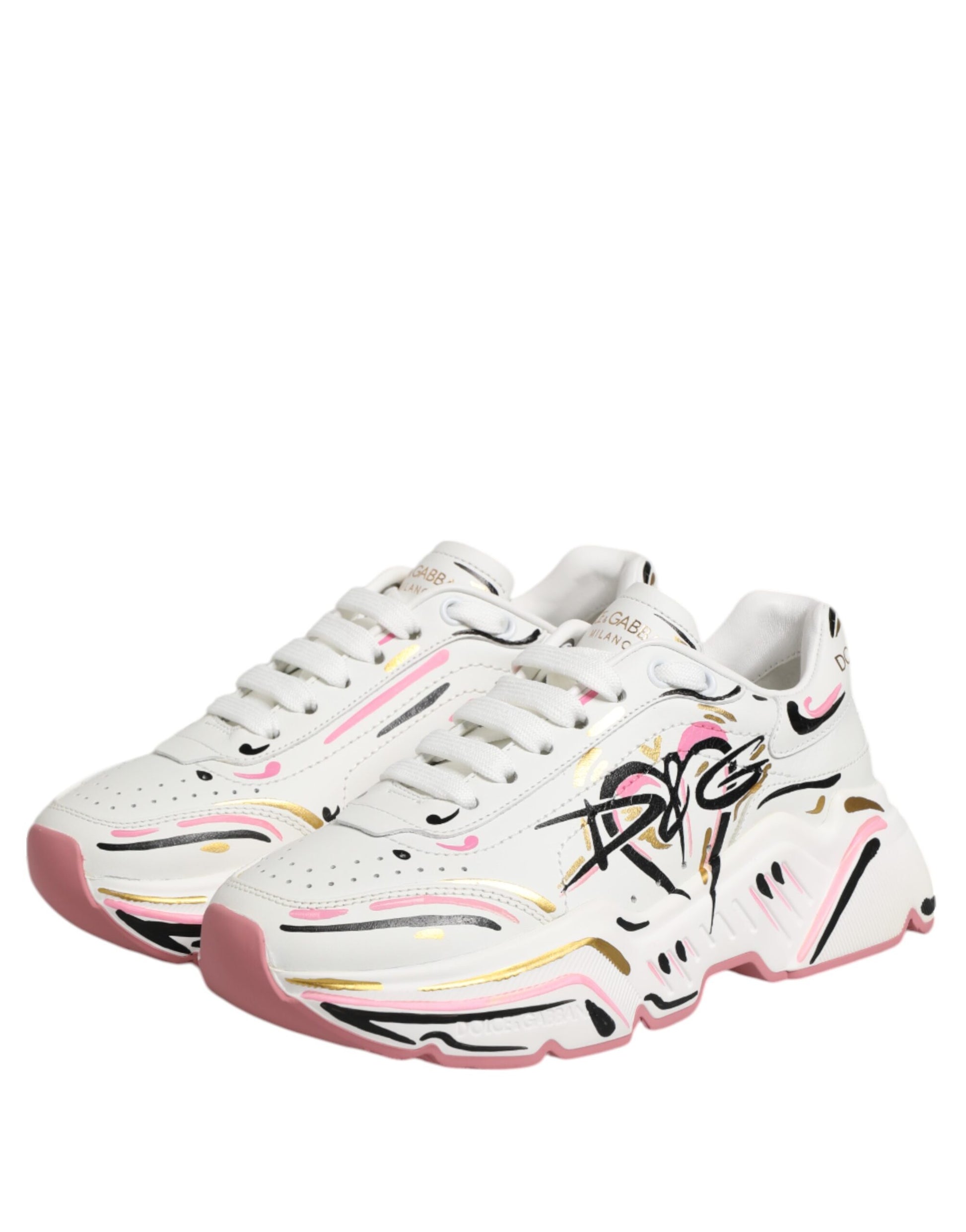 White sneakers with pink and yellow hand-painted design