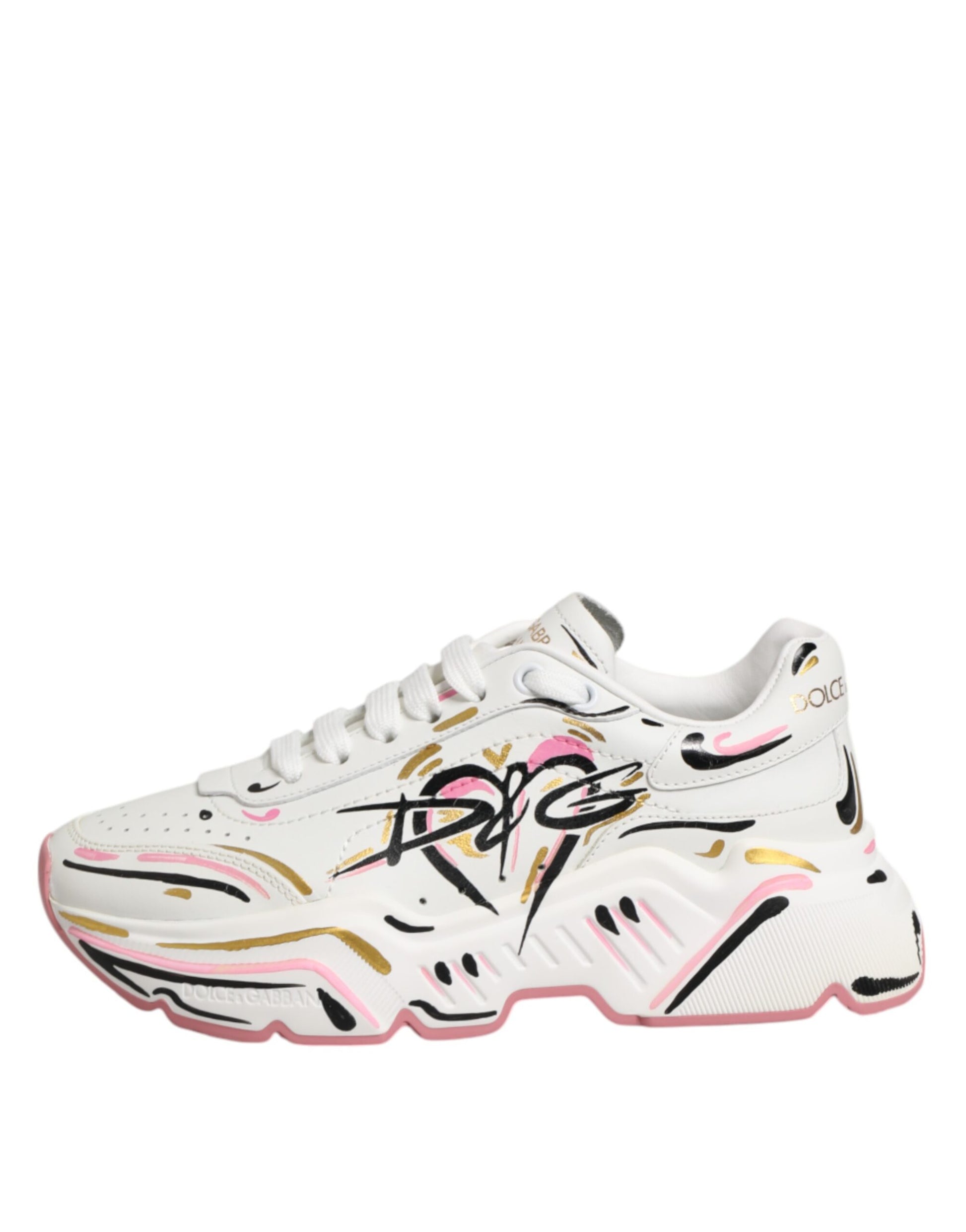 White sneakers with pink and gold hand-painted design