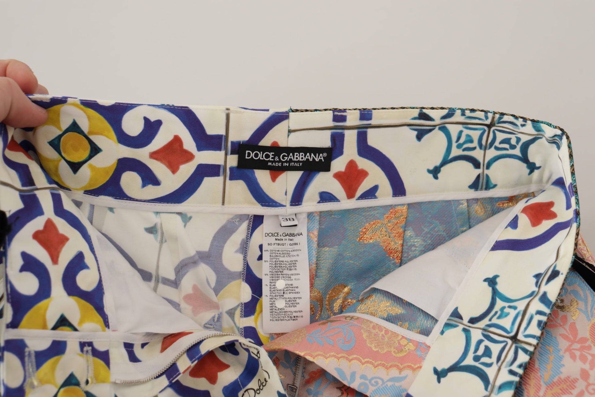 Colorful patterned fabric with a tag on it