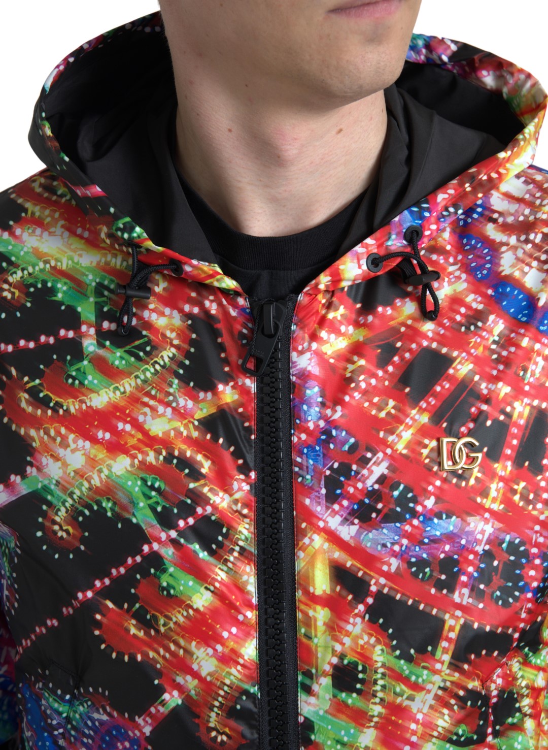 Colorful hooded jacket with vibrant pattern