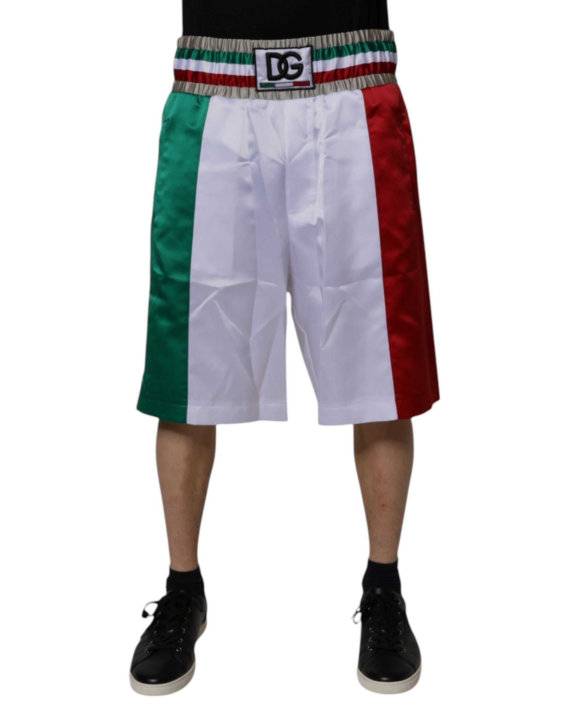 Red white green shorts with black laces, polyester material, multicolored design, Dolce & Gabbana brand