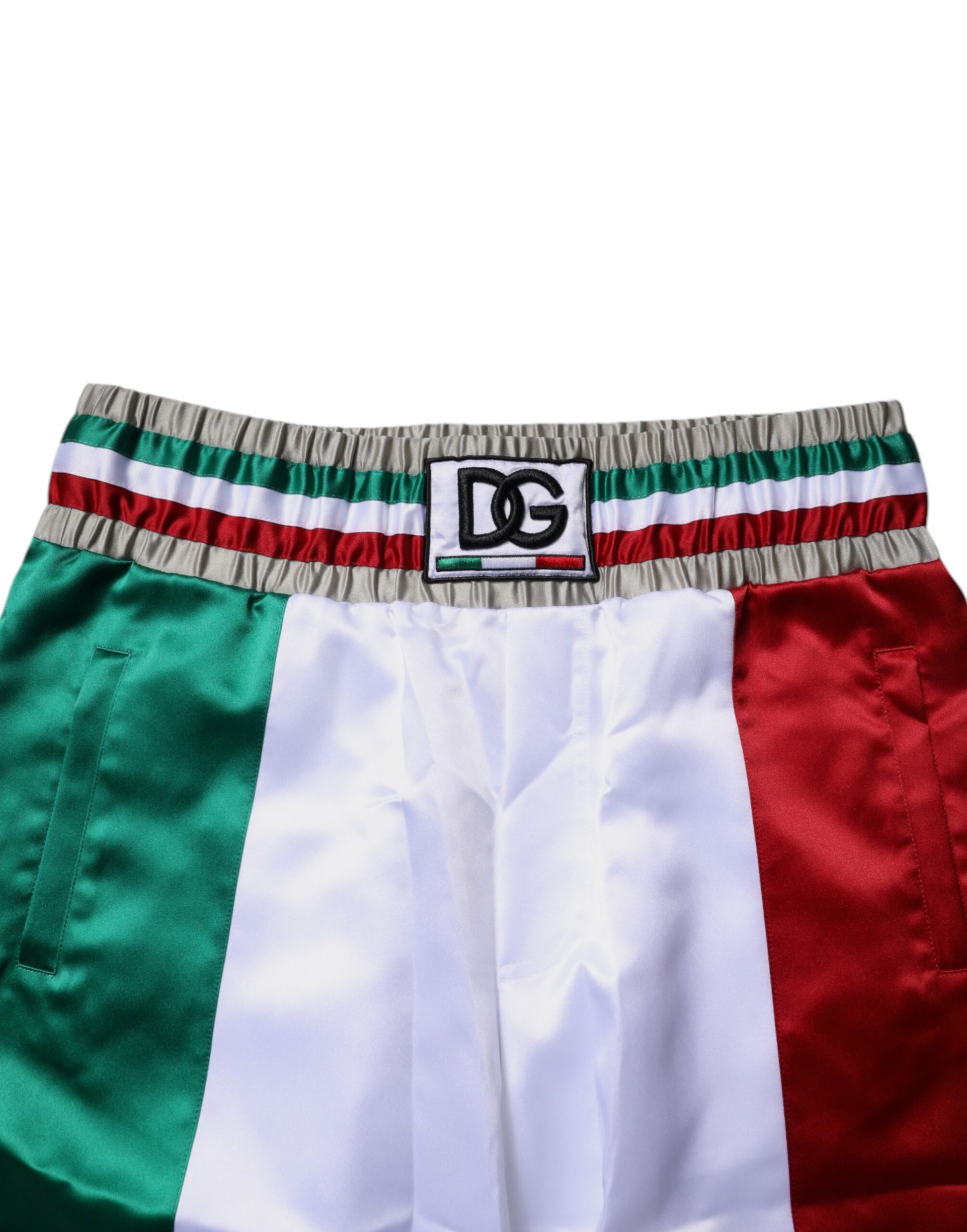 Red white green shorts with logo on waistband