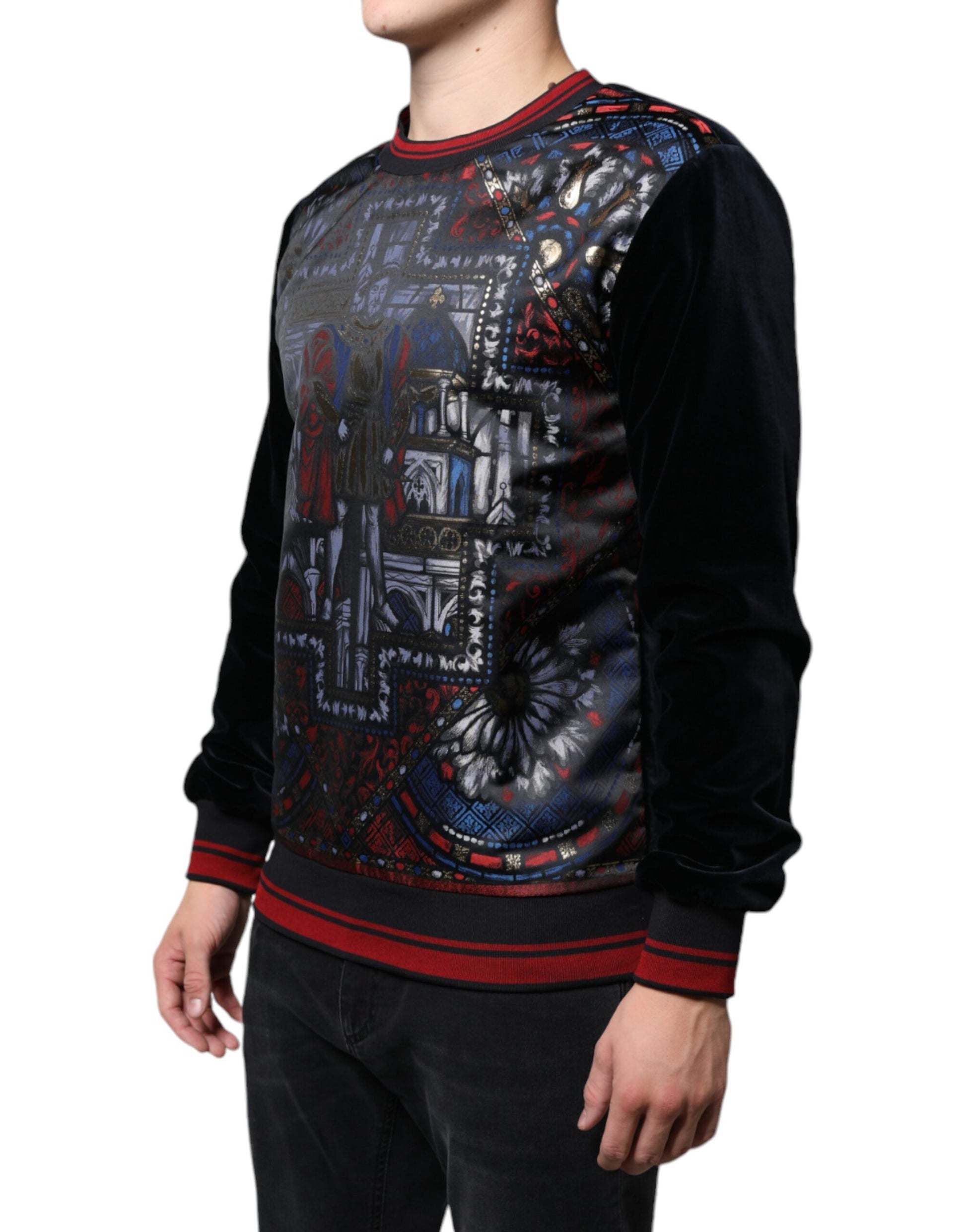 Man wearing a long sleeve sweater with colorful design
