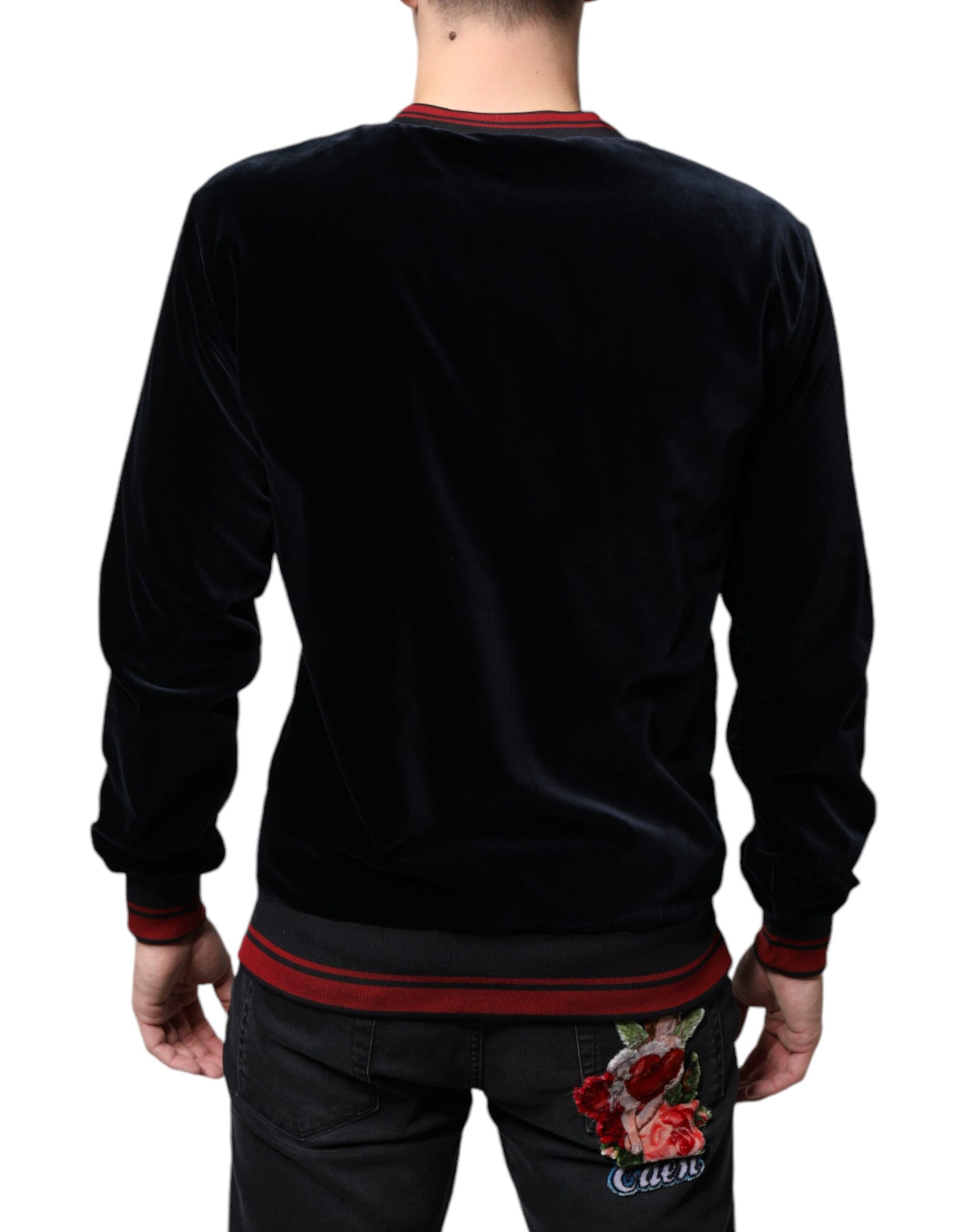 Black velvet long sleeve shirt with red trim and floral design on back