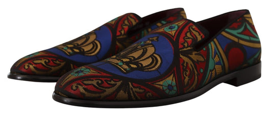 Colorful loafers with floral pattern and gold accents