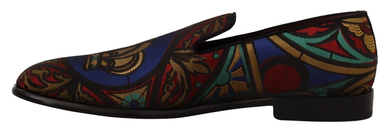 Pair of colorful loafers with floral and paisley patterns