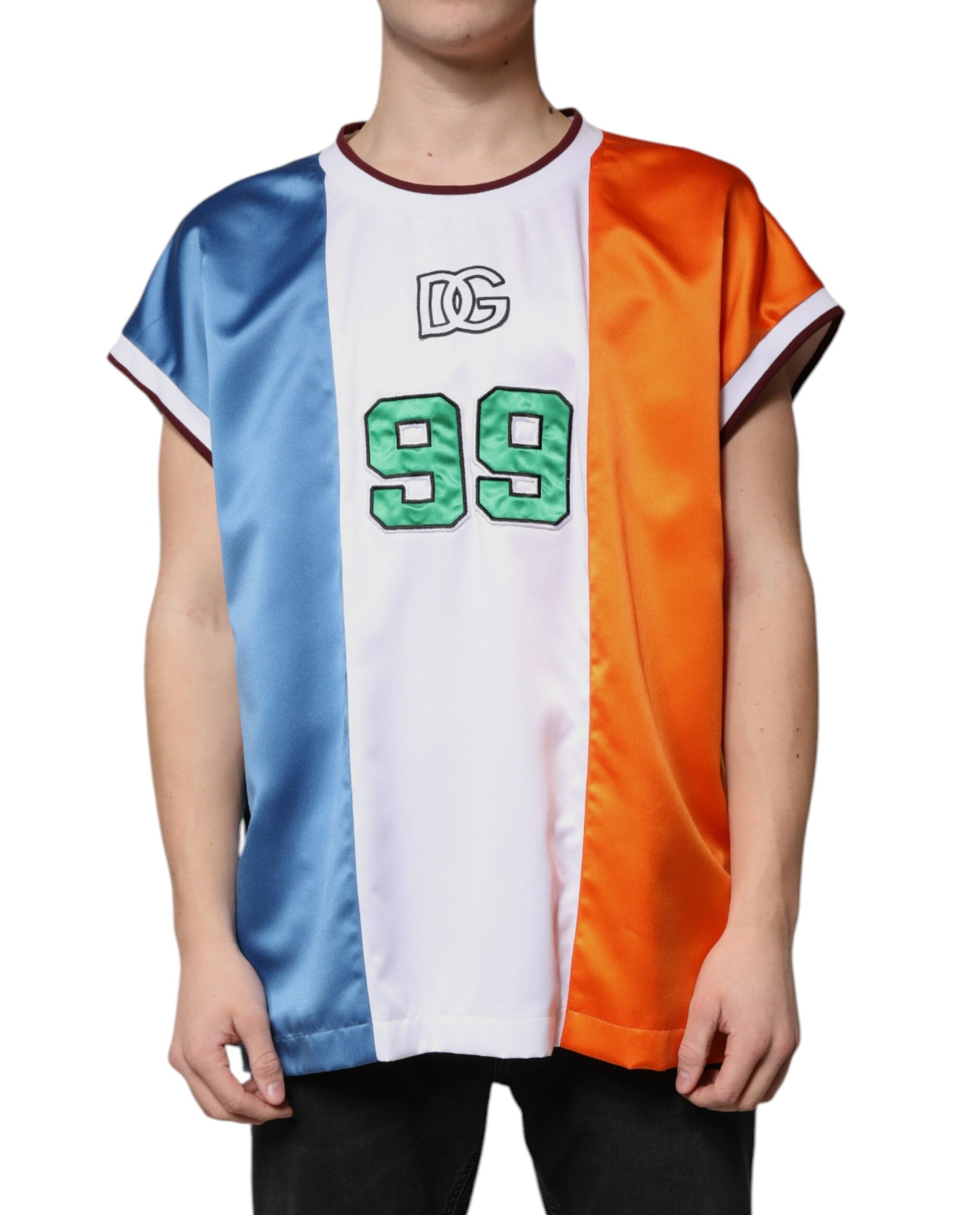 The shirt is orange, white, and blue