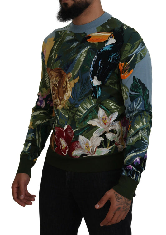 Man wearing a colorful sweater with floral and animal prints