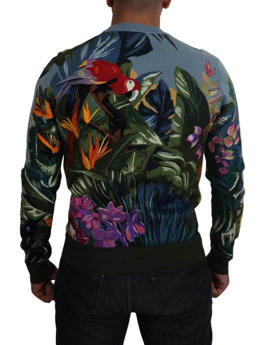 Man wearing a sweater with floral pattern on back