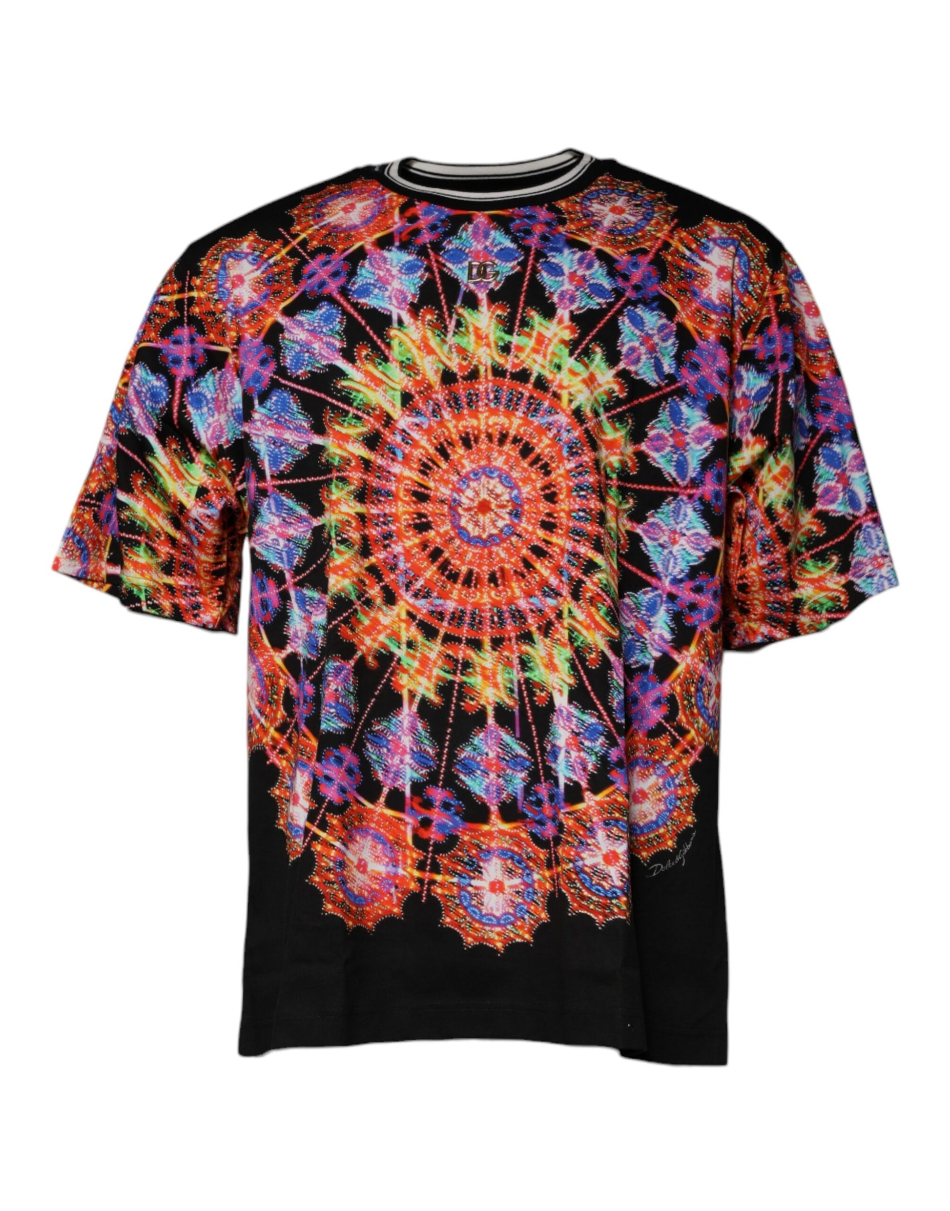 Black t-shirt with colorful tie dye pattern featuring a mandala design