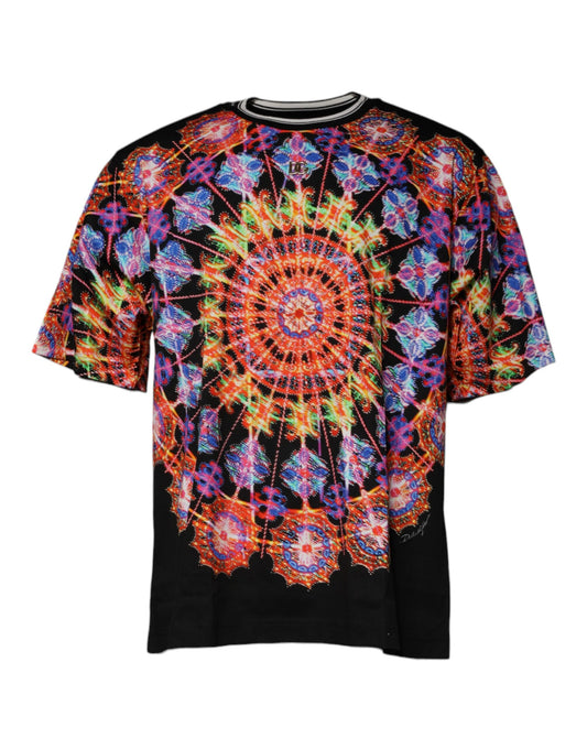 Black t-shirt with colorful tie dye pattern featuring a mandala design