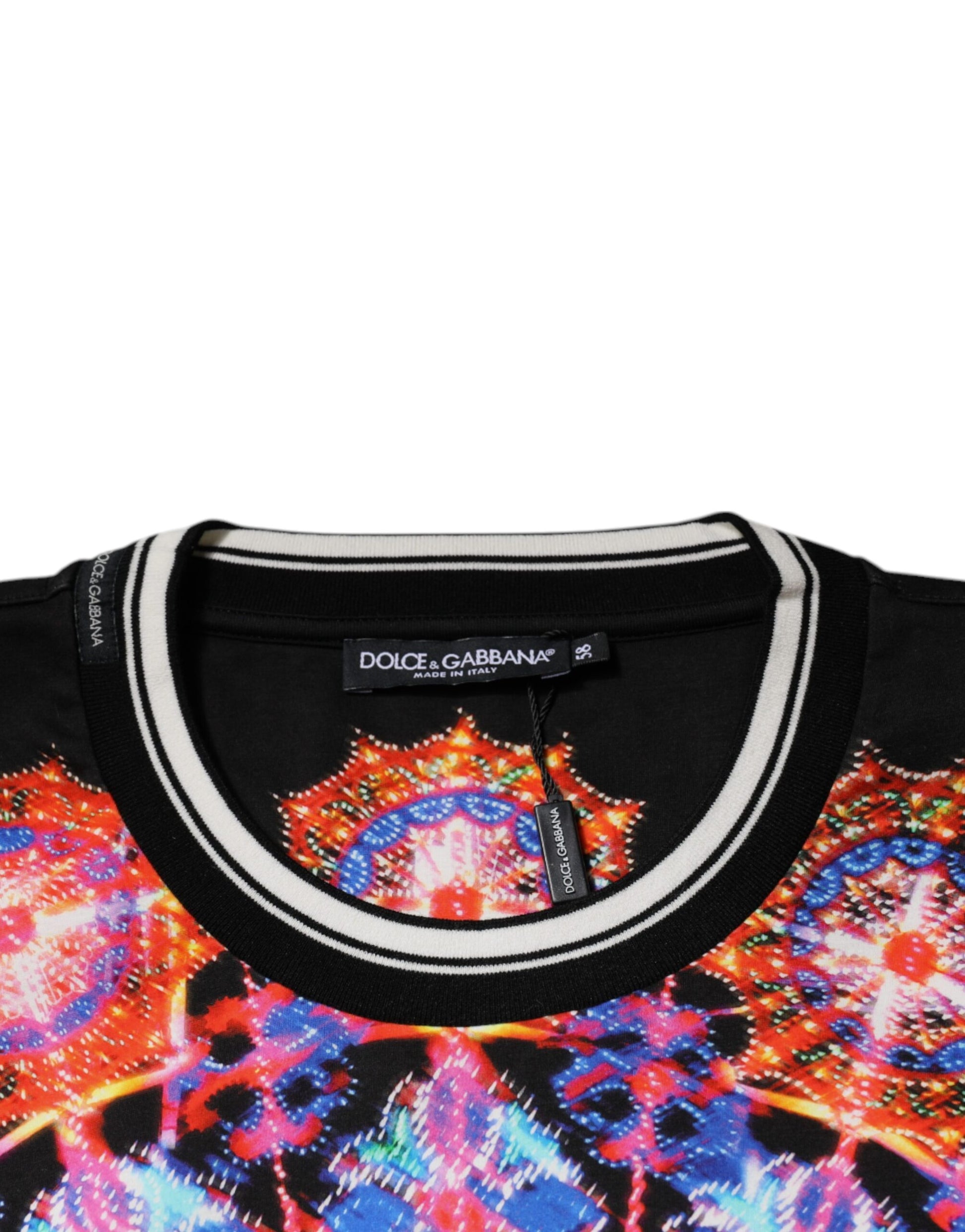 Black t-shirt with colorful pattern on front