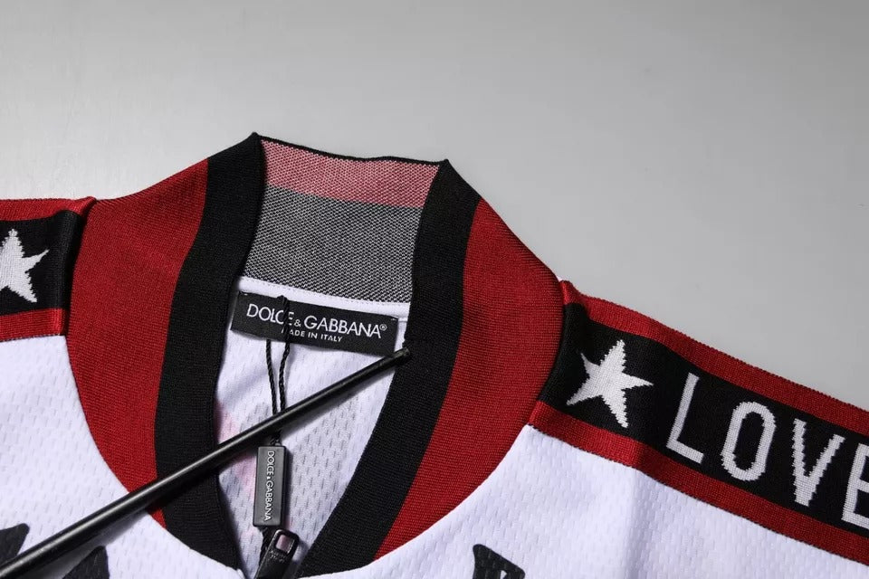 Red white and black jersey with stars and love written on sleeve