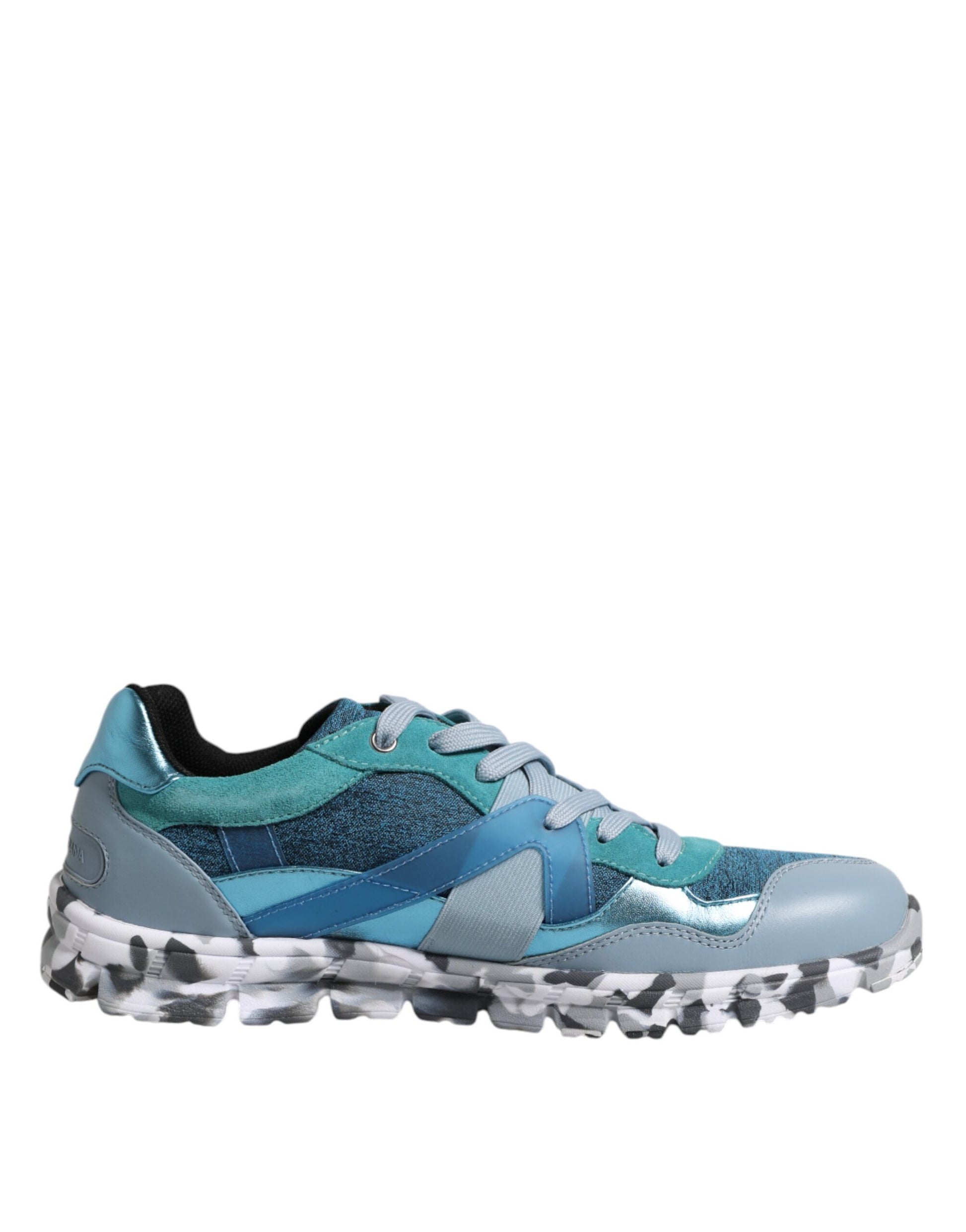 Blue and white athletic shoe with laces