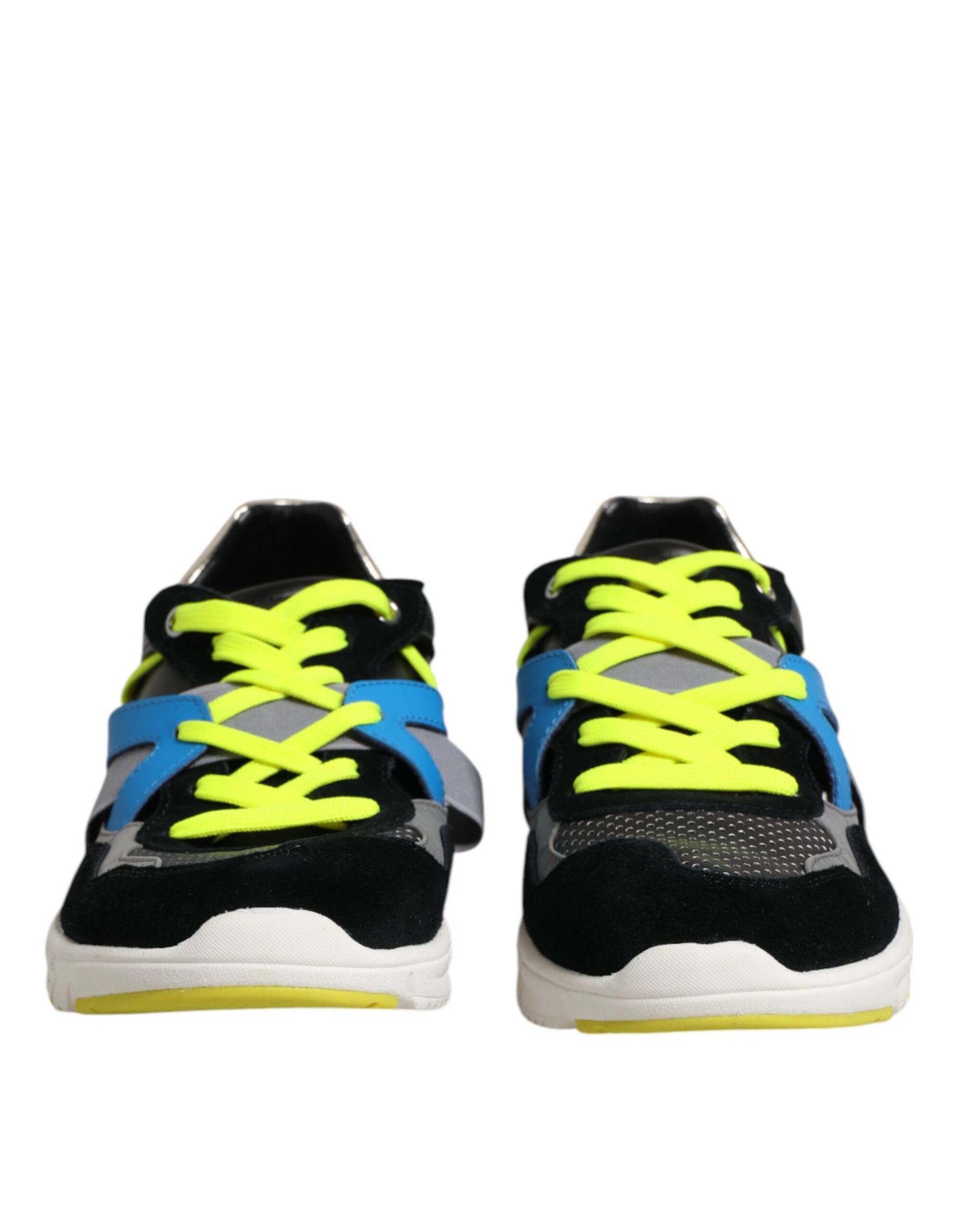 Pair of yellow and blue sneakers with laces