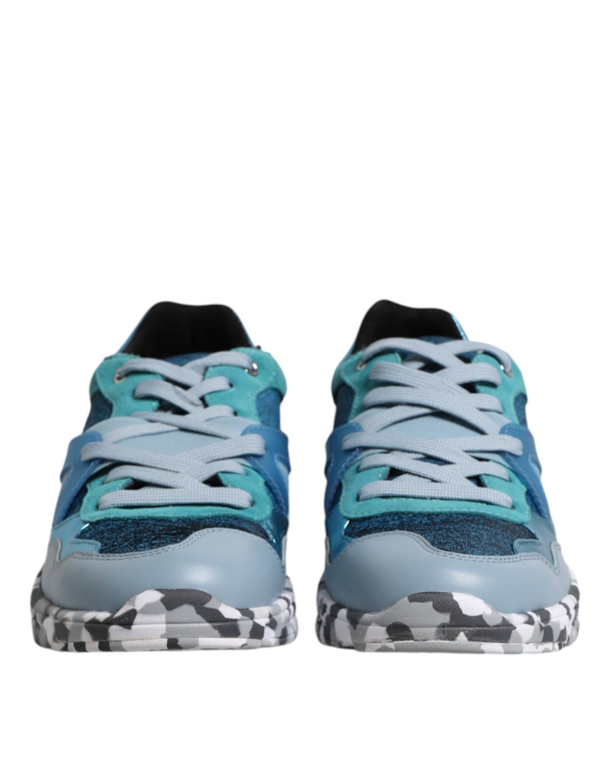 Blue and white athletic shoe with laces