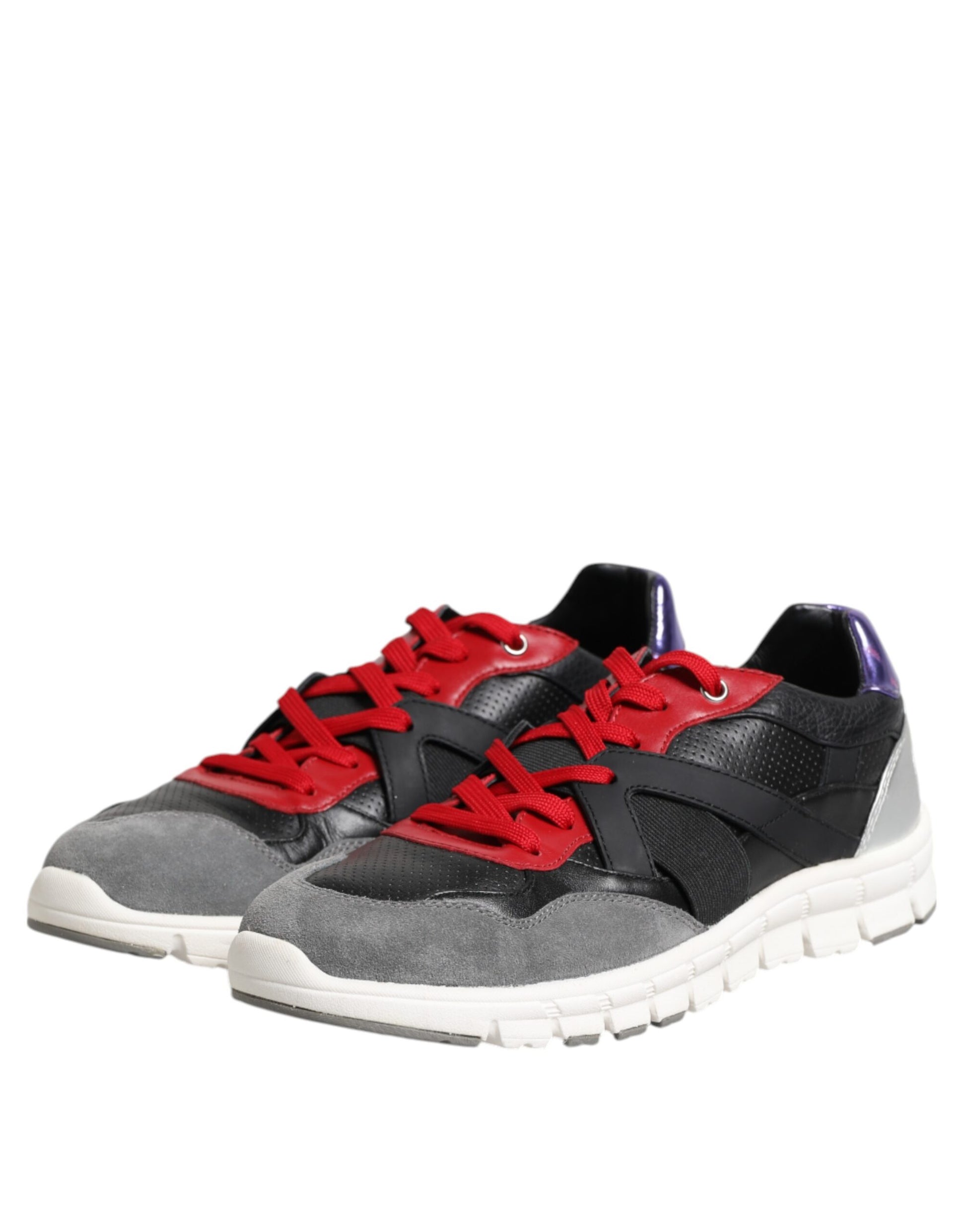 Red and black athletic shoe with white sole