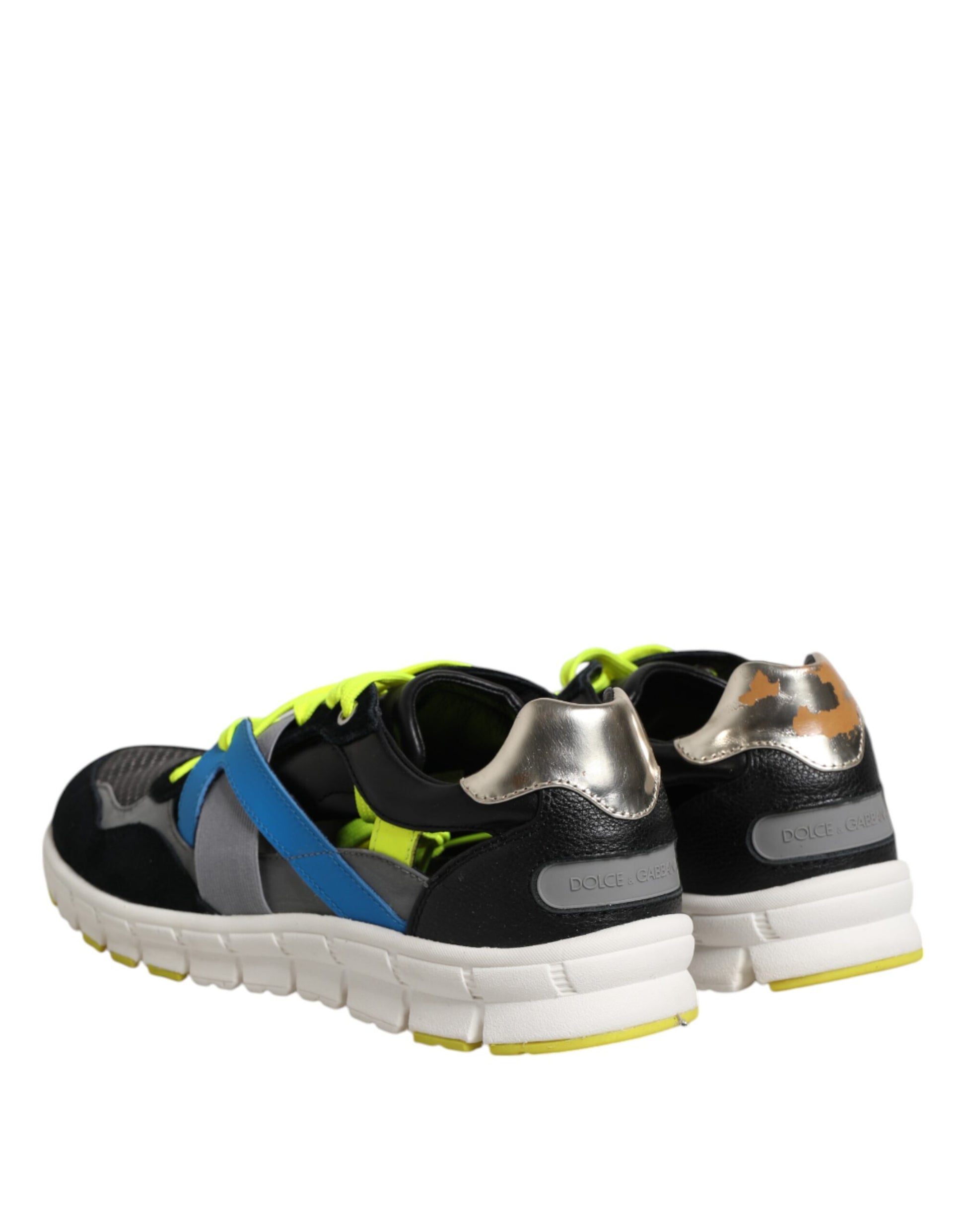 Pair of black sneakers with yellow accents and blue straps