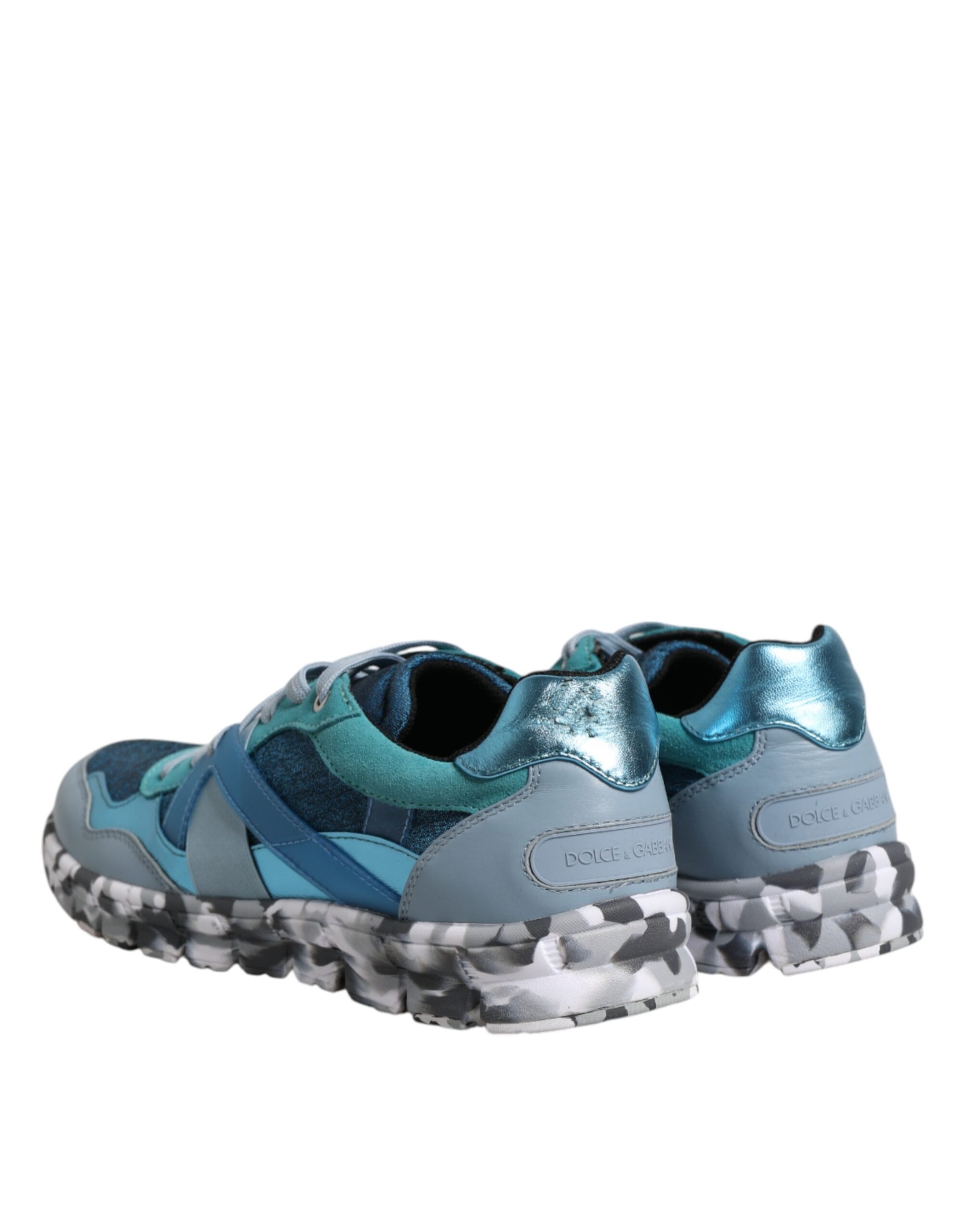 Pair of running shoes with blue and white design