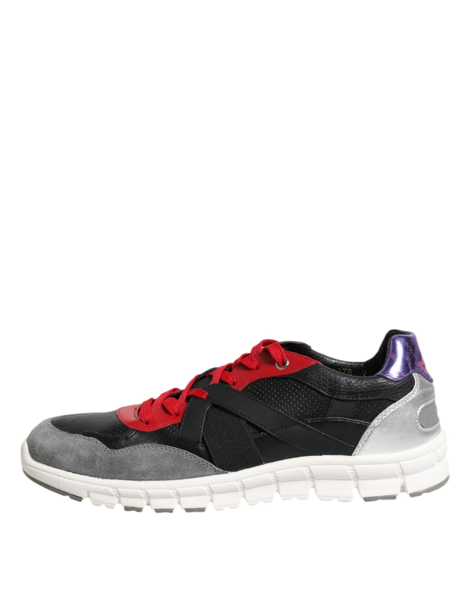Black and red sneaker with white sole