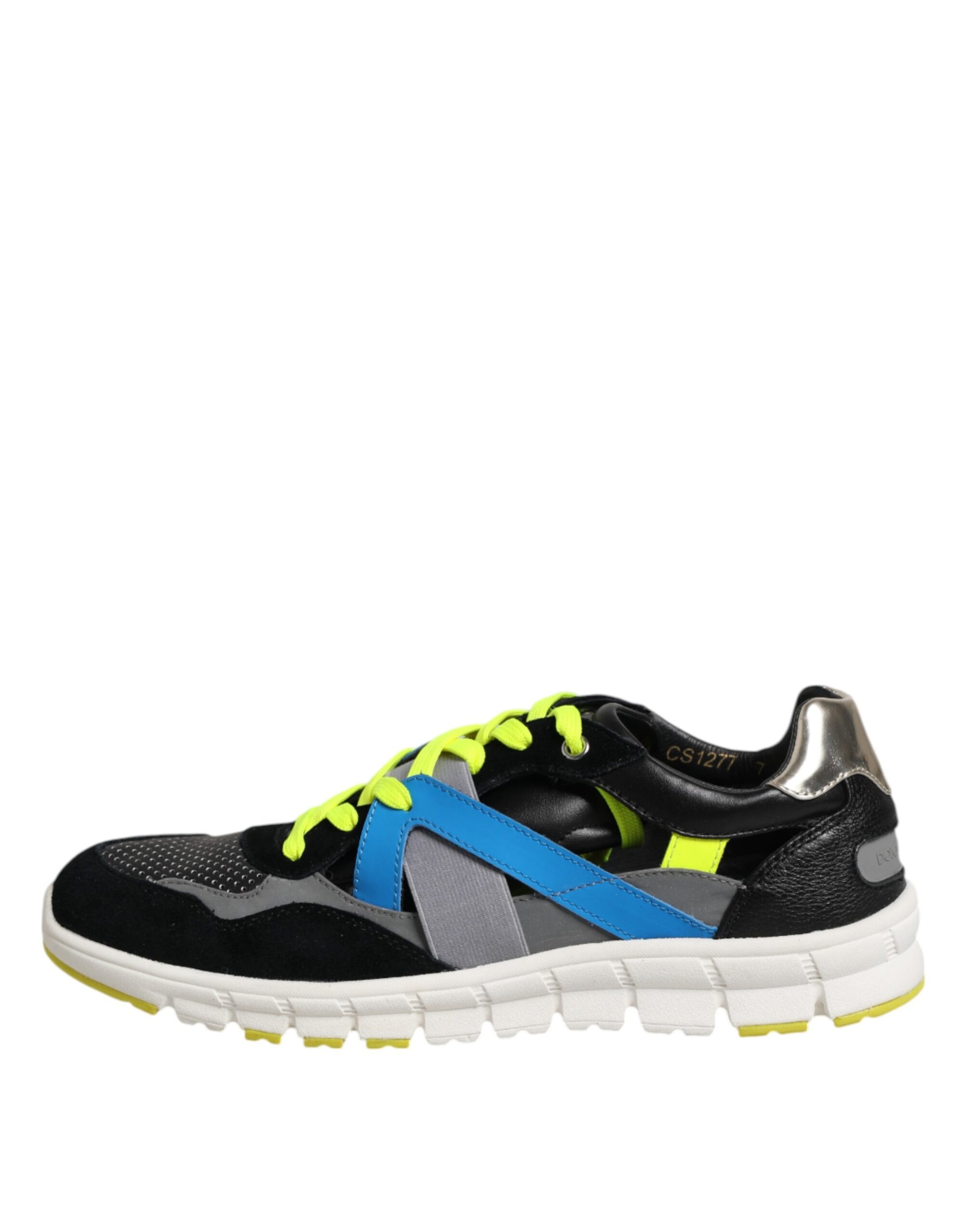 Black and yellow sneaker with blue accents
