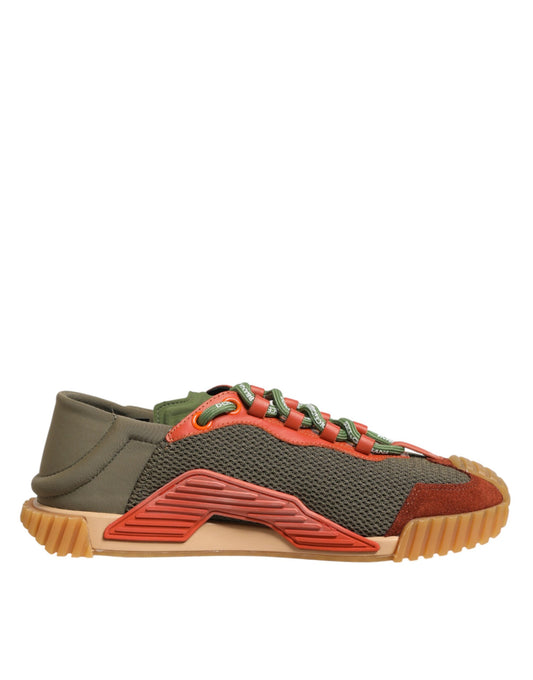 Red, black, and white lace-up sneakers with a textured upper