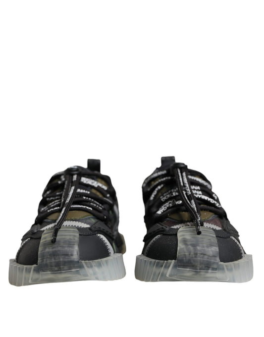 Pair of black, white, and brown lace-up sneakers with a chunky sole