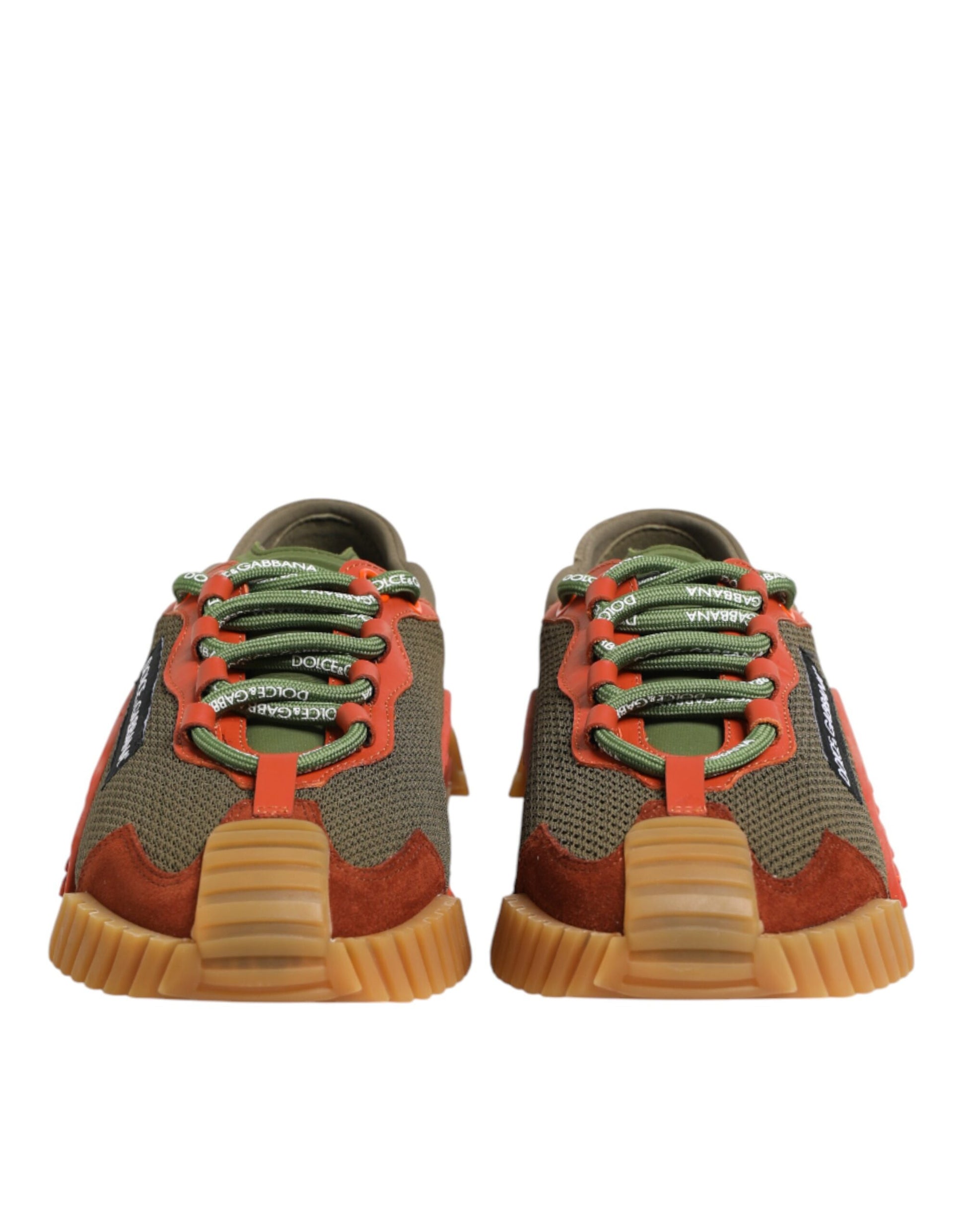 Red, green, and black lace-up sneakers with white soles