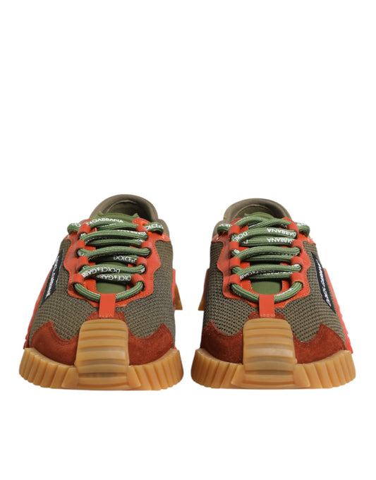 Red, green, and black lace-up sneakers with white soles