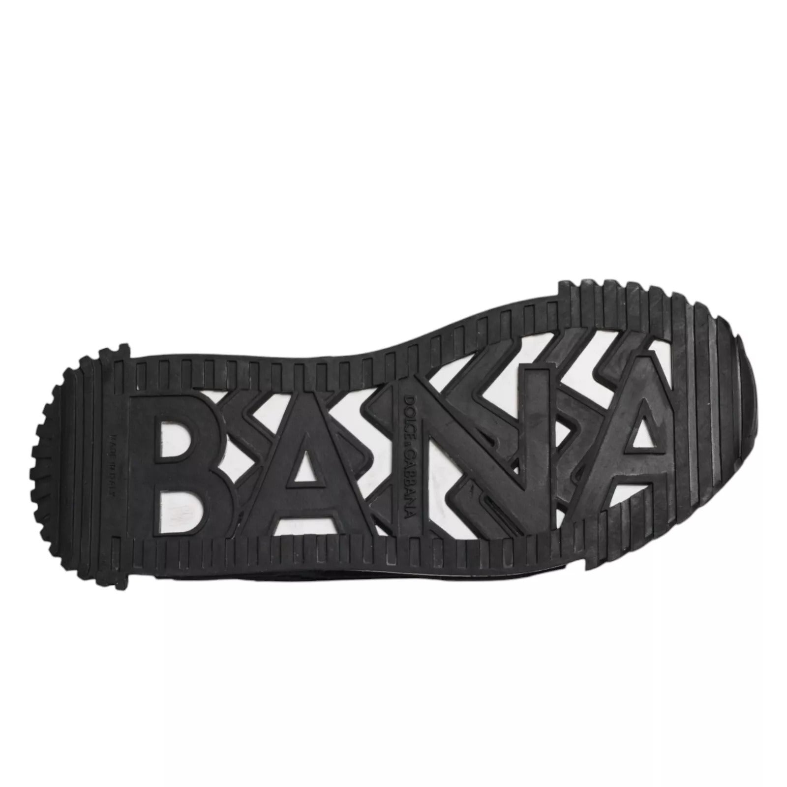 Black shoe with white lettering