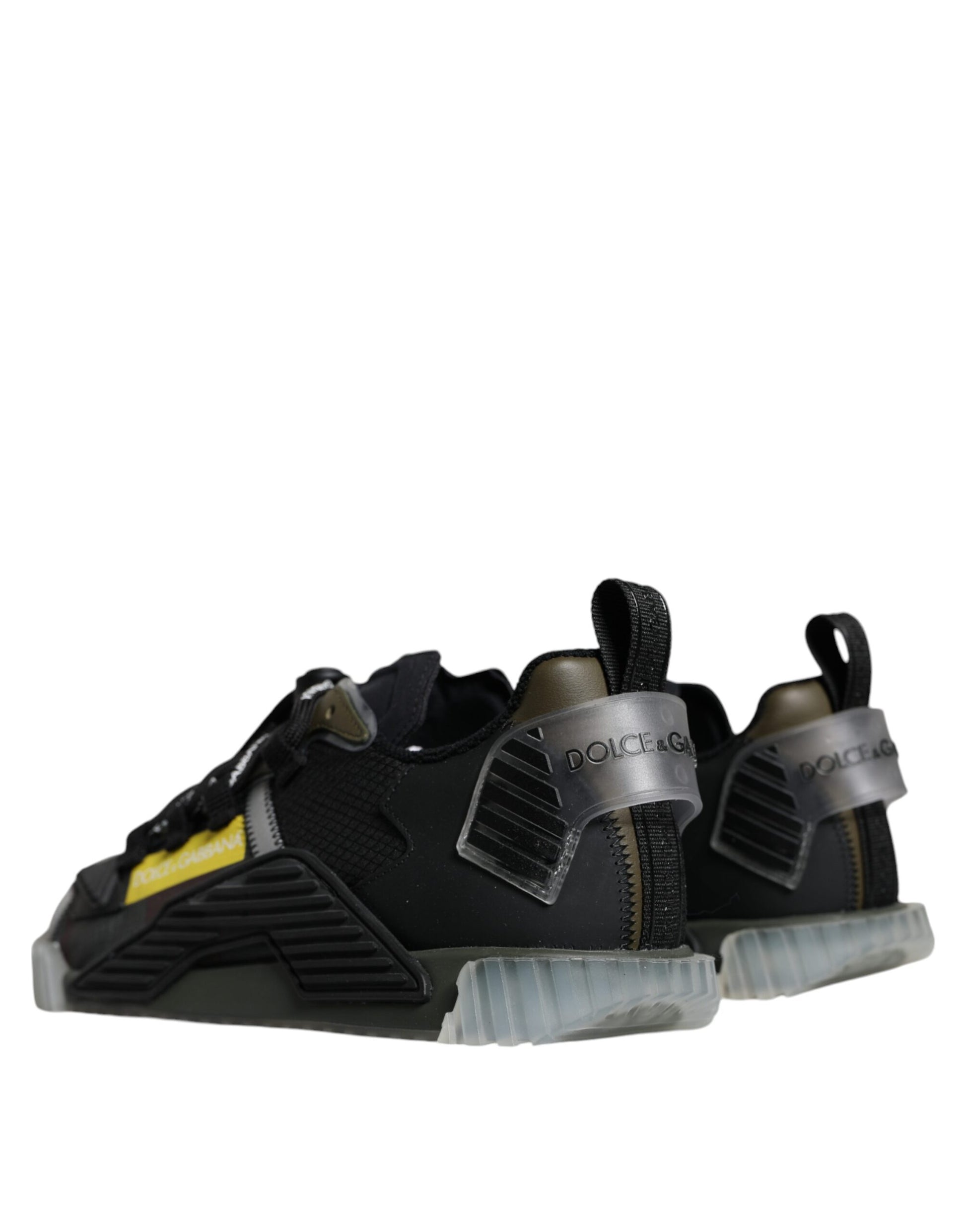 Black and yellow lace up shoes with silver accents, featuring a chunky sole design