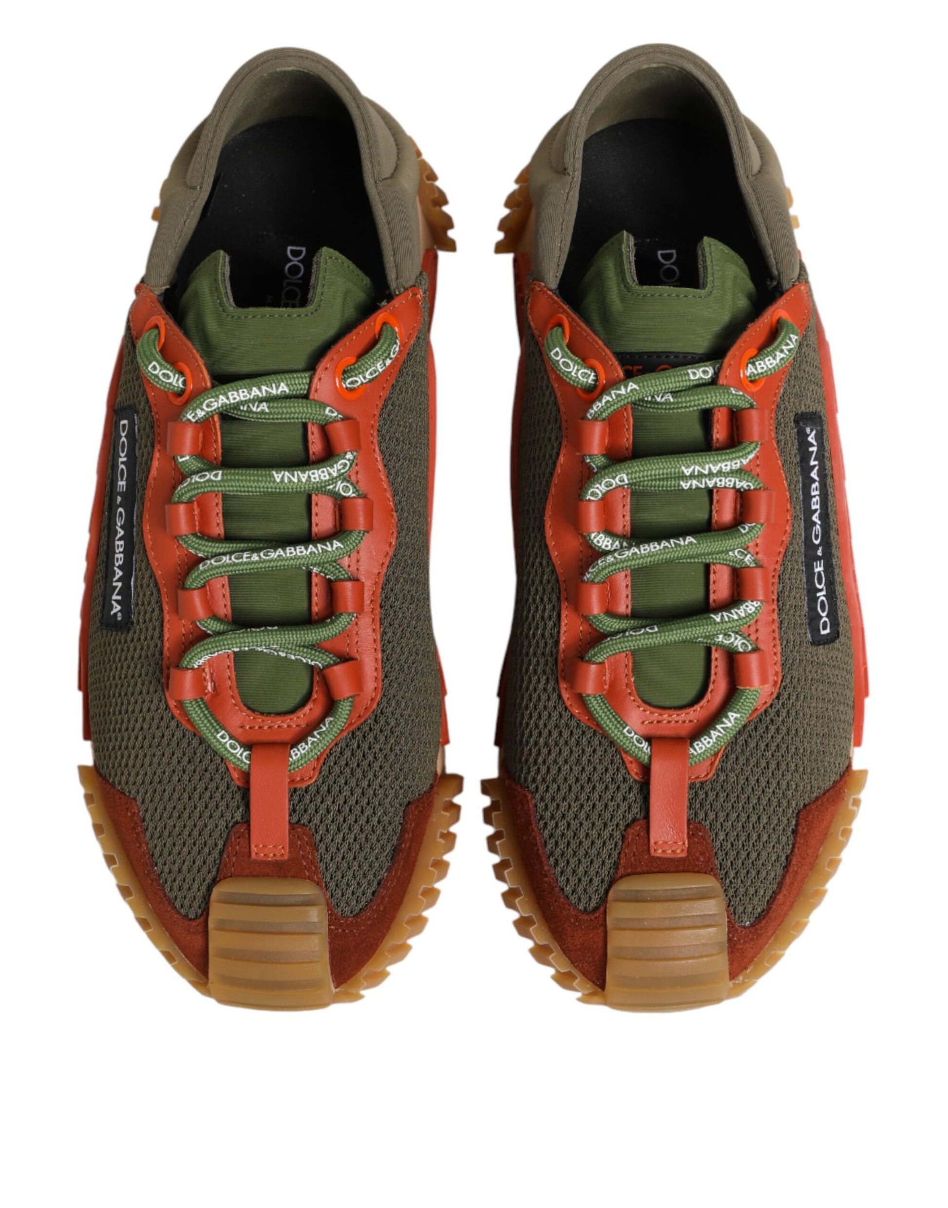 Pair of lace-up sneakers with red, green and beige accents