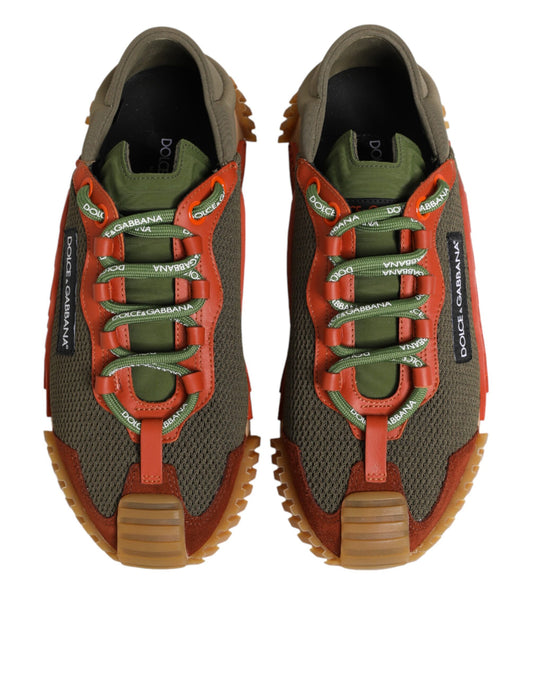 Pair of lace-up sneakers with red, green and beige accents