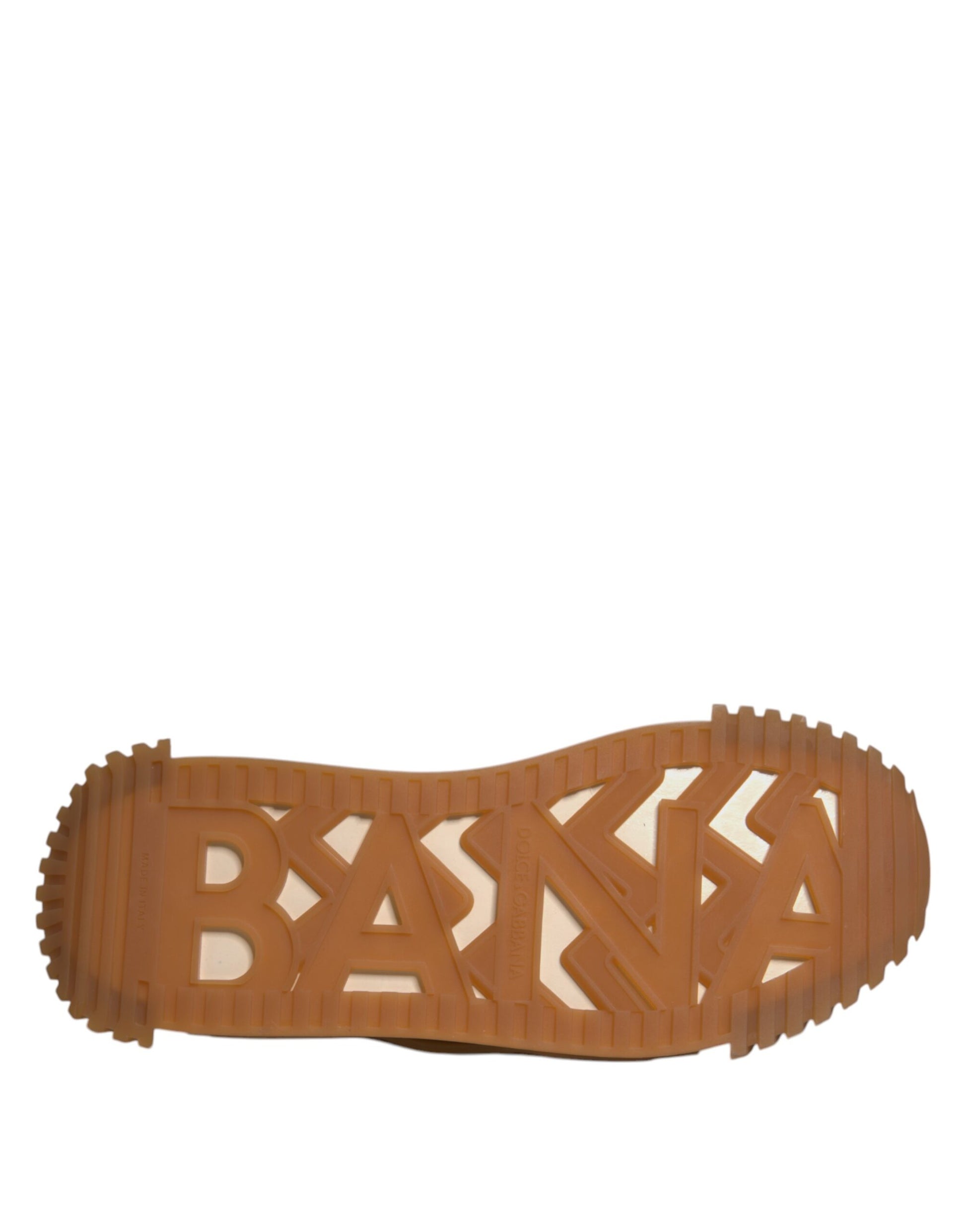 Brown shoe with white lettering