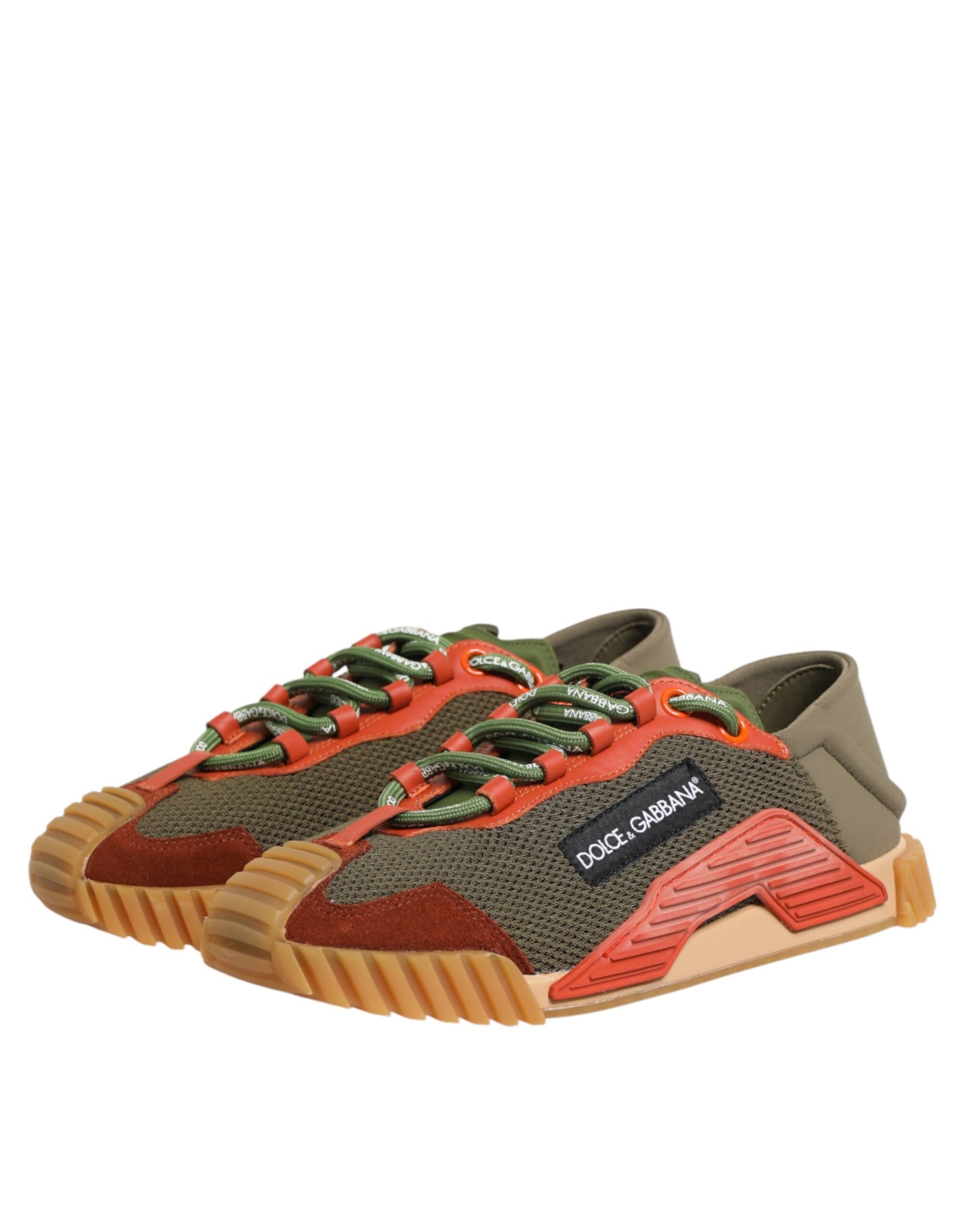 Red, green, and brown lace-up sneakers with a textured sole