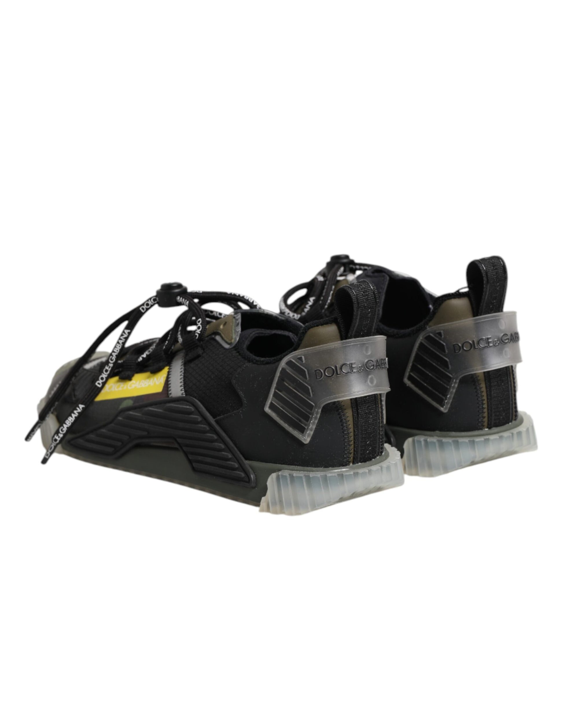 Black hiking shoes with straps and a yellow tag