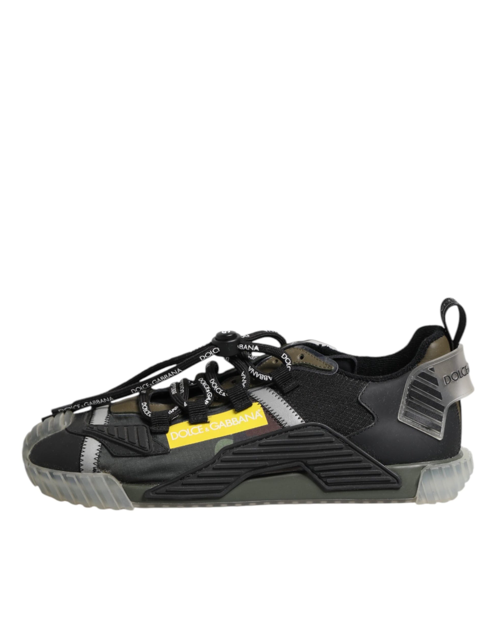 Black sneaker with white laces and yellow accents
