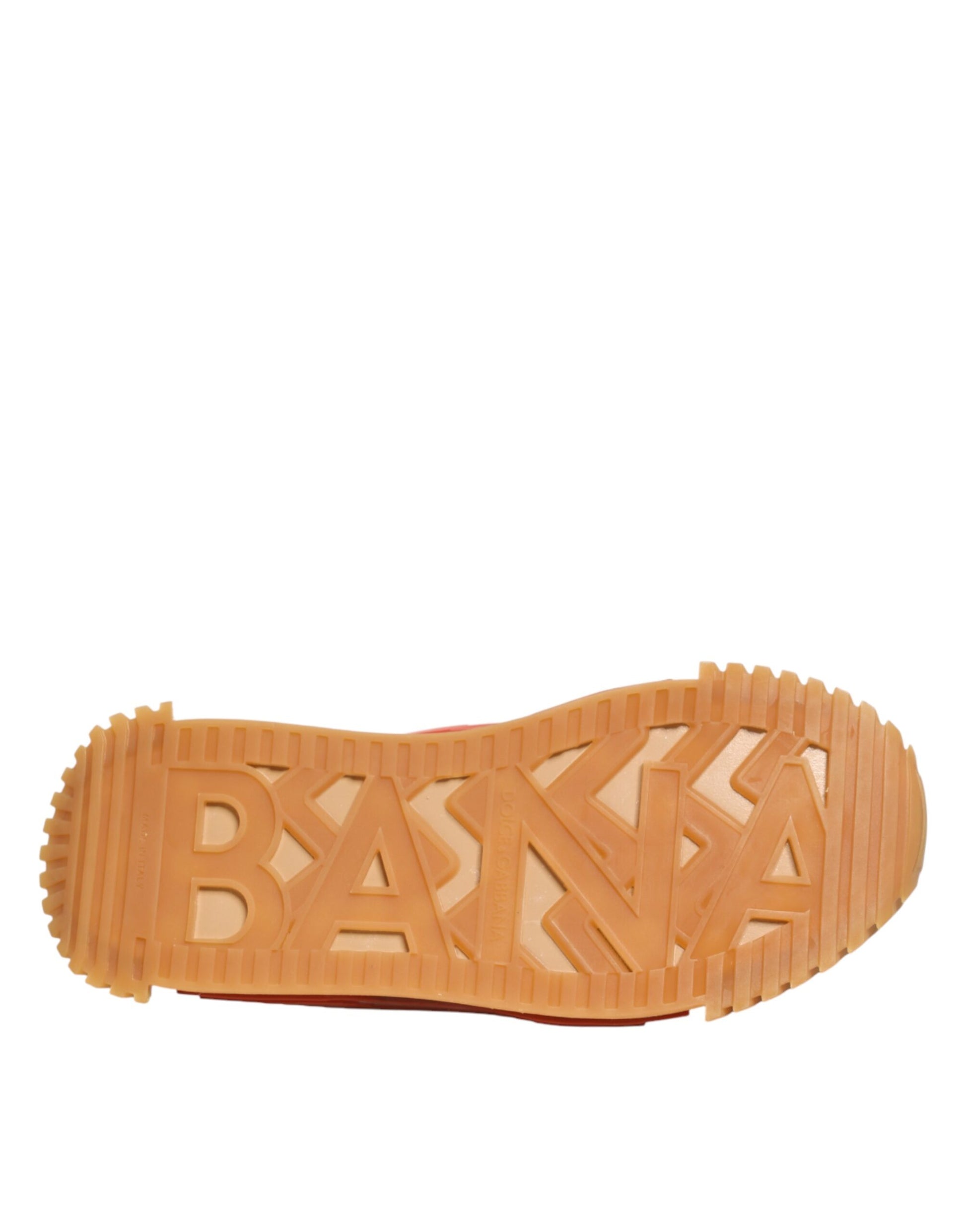 A pair of multicolored lace-up sneakers with the word "BANANA" embossed on the side
