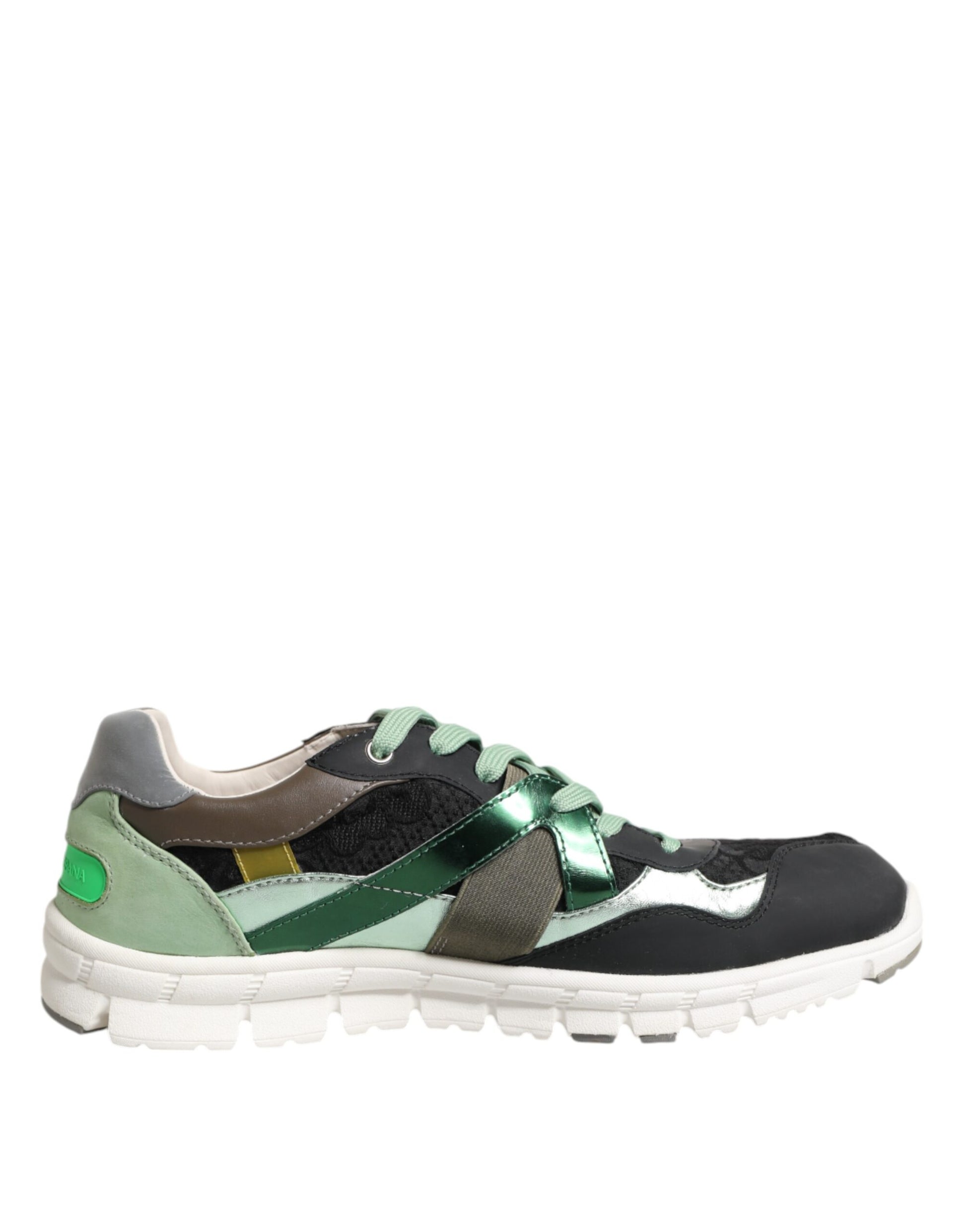 Green and black sneaker with white sole