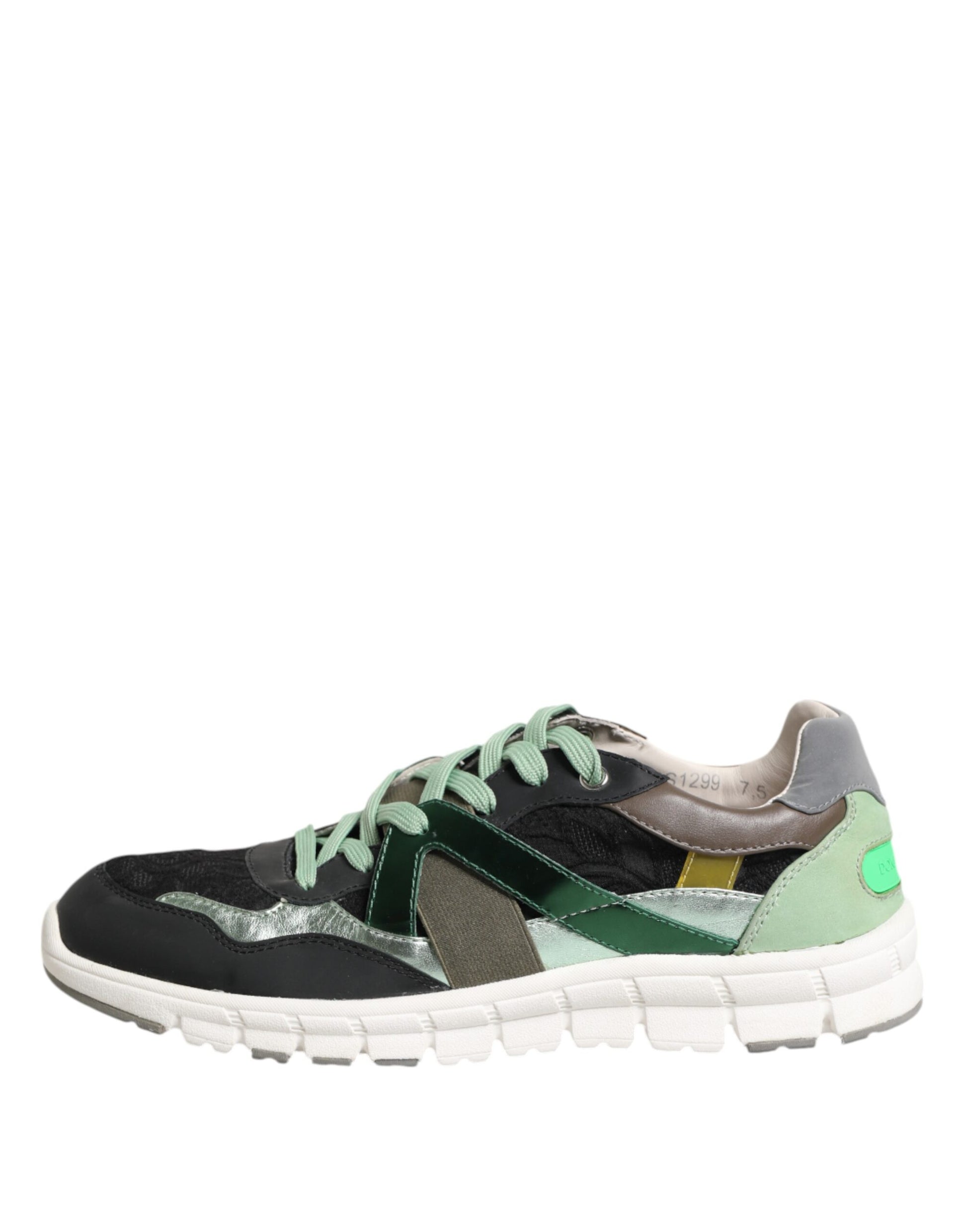 Black sneaker with green laces and design elements