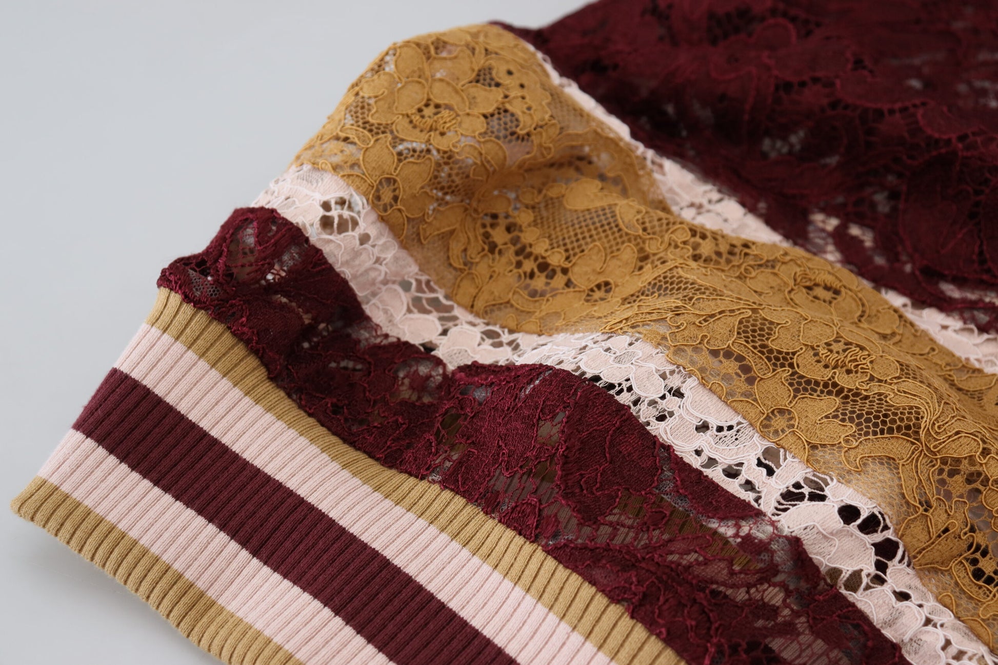 Burgundy lace dress with gold trim