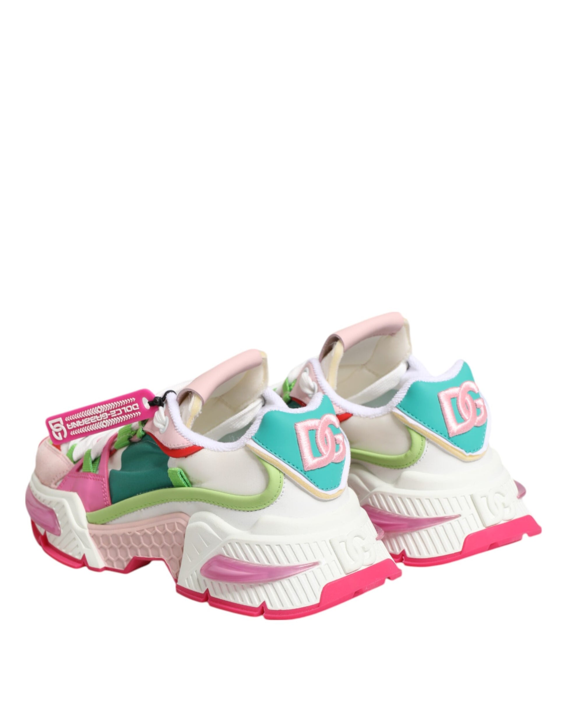 Pair of multicolored leather sneakers with pink, green and yellow accents