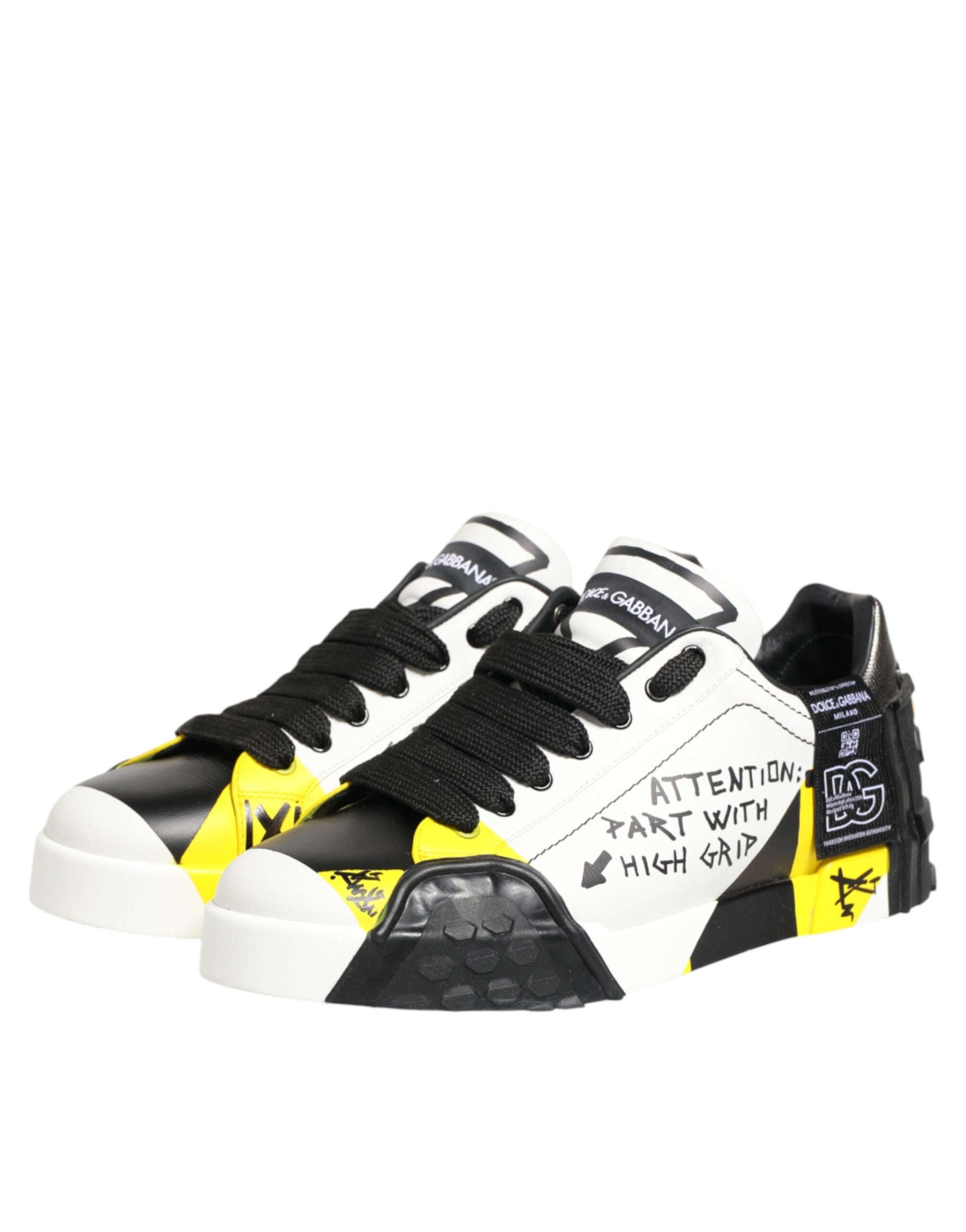 Yellow and black sneakers with white soles
