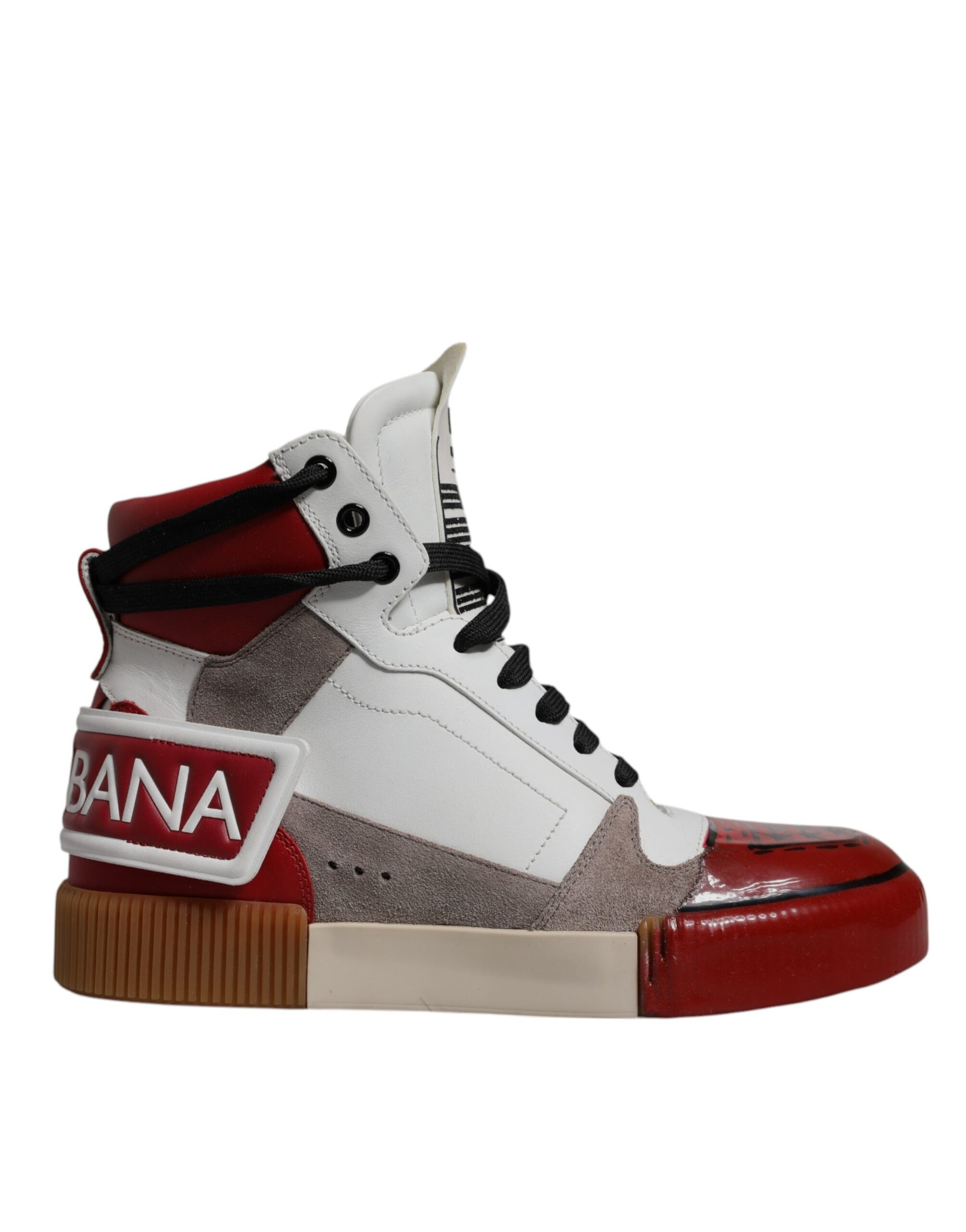 Red and white high top sneaker with laces