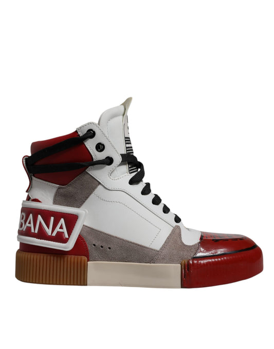 Red and white high top sneaker with laces