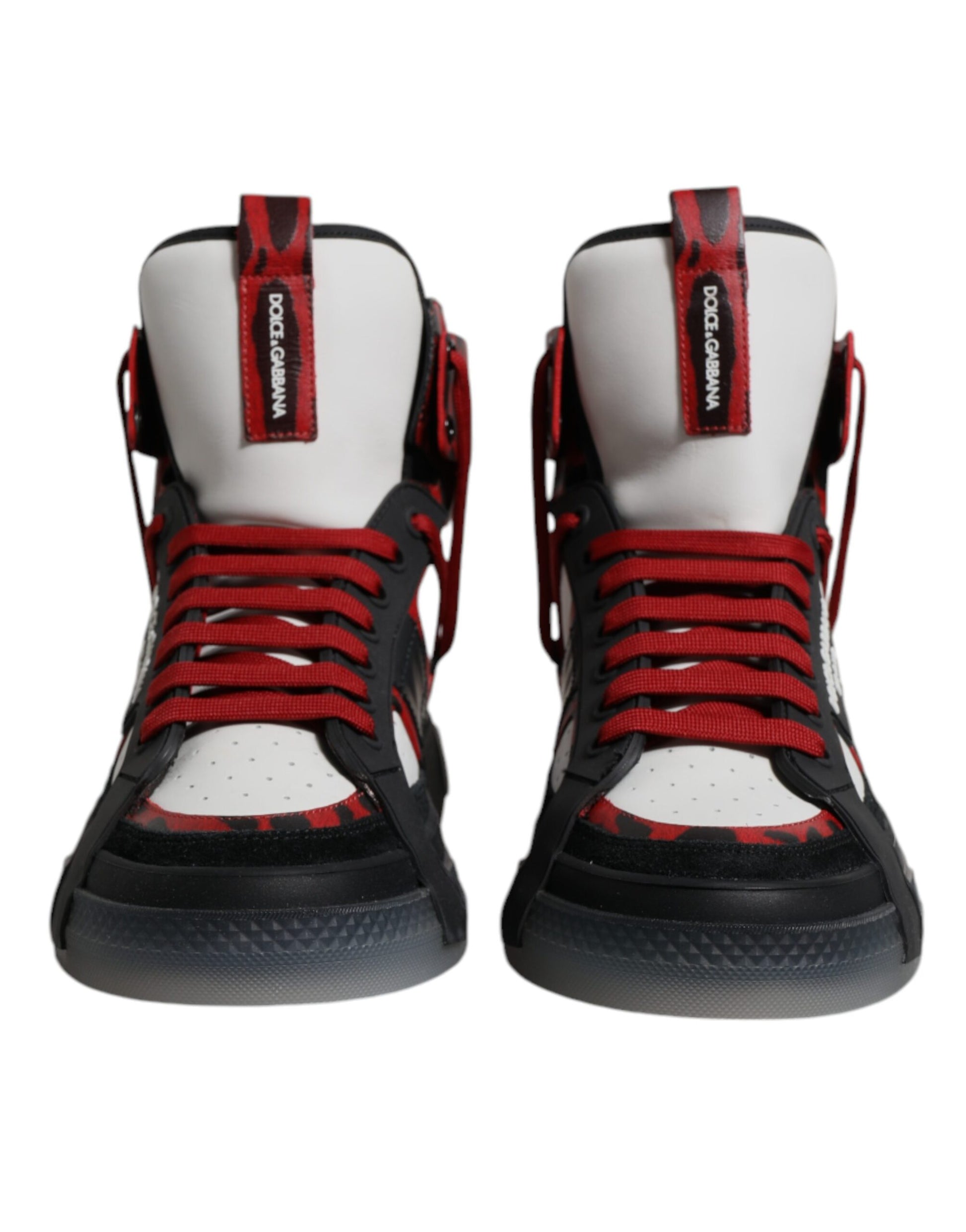 Red and white high top sneakers with laces, featuring a leather upper and a chunky sole