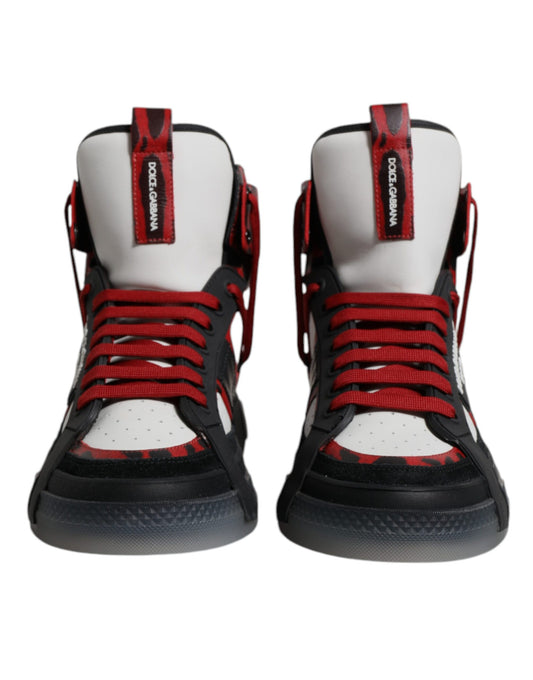 Red and white high top sneakers with laces, featuring a leather upper and a chunky sole
